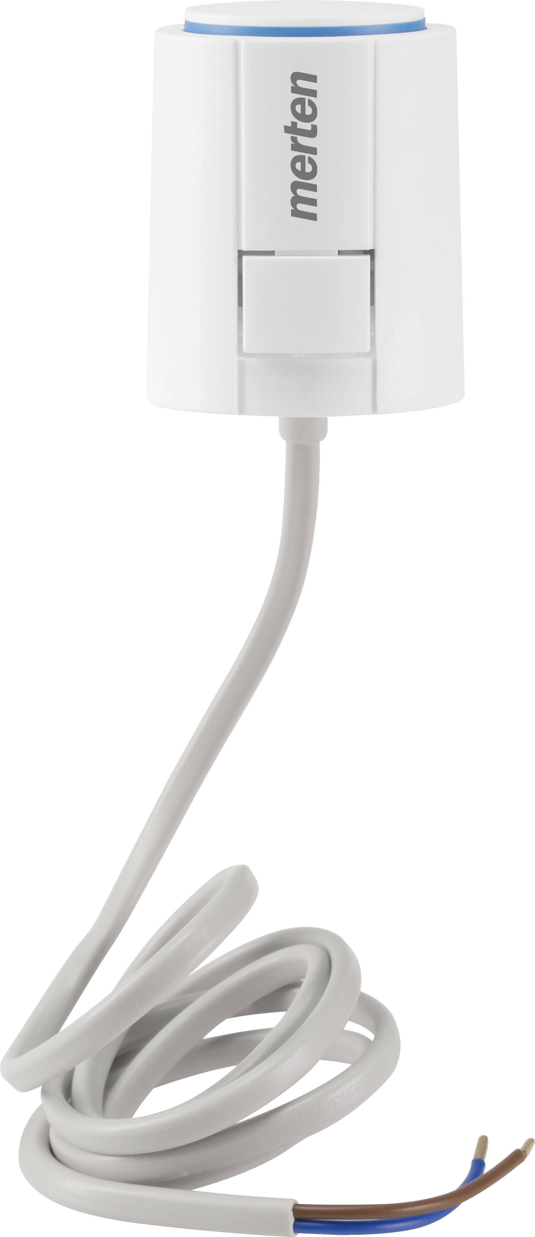 Ein weißer elektrischer Thermo-Stellantrieb mit Kabel, geeignet für die Steuerung von Heizsystemen. Markiert mit 'Merten'.