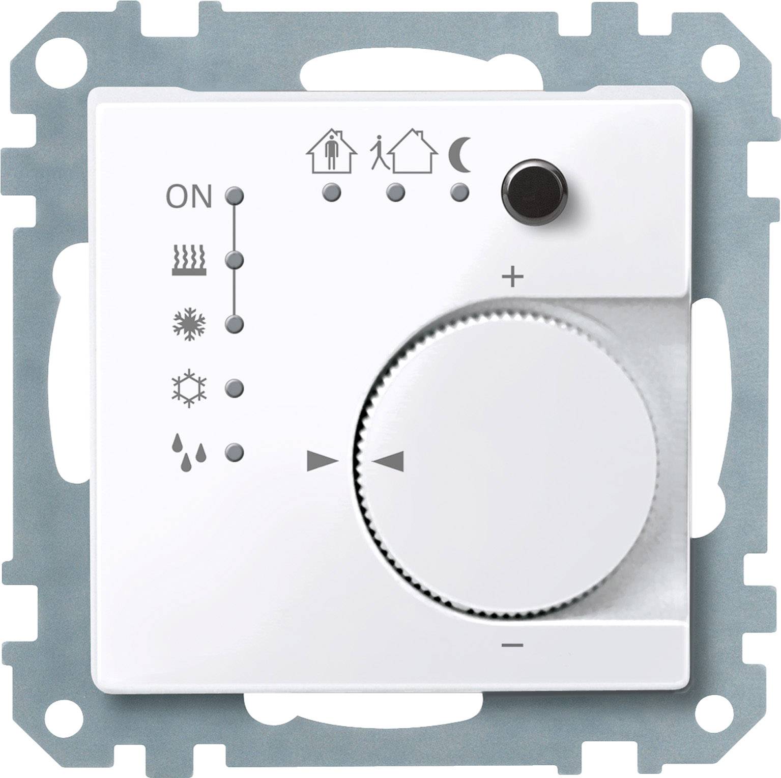 Thermostat an der Wand mit Temperaturregelknopf und Symbolen für Heizung, Lüftung, und verschiedene Modi wie Tag/Nacht.