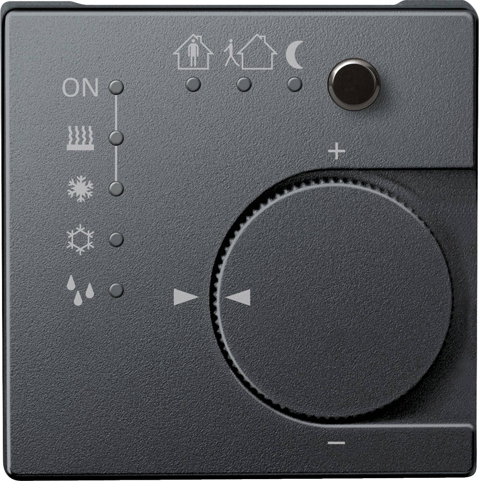 Ein Thermostat-Drehregler mit Symbolen: Heizung, Kühlsystem, Lüftung. Oben sind Symbole für Tageszeit und Anwesenheit.