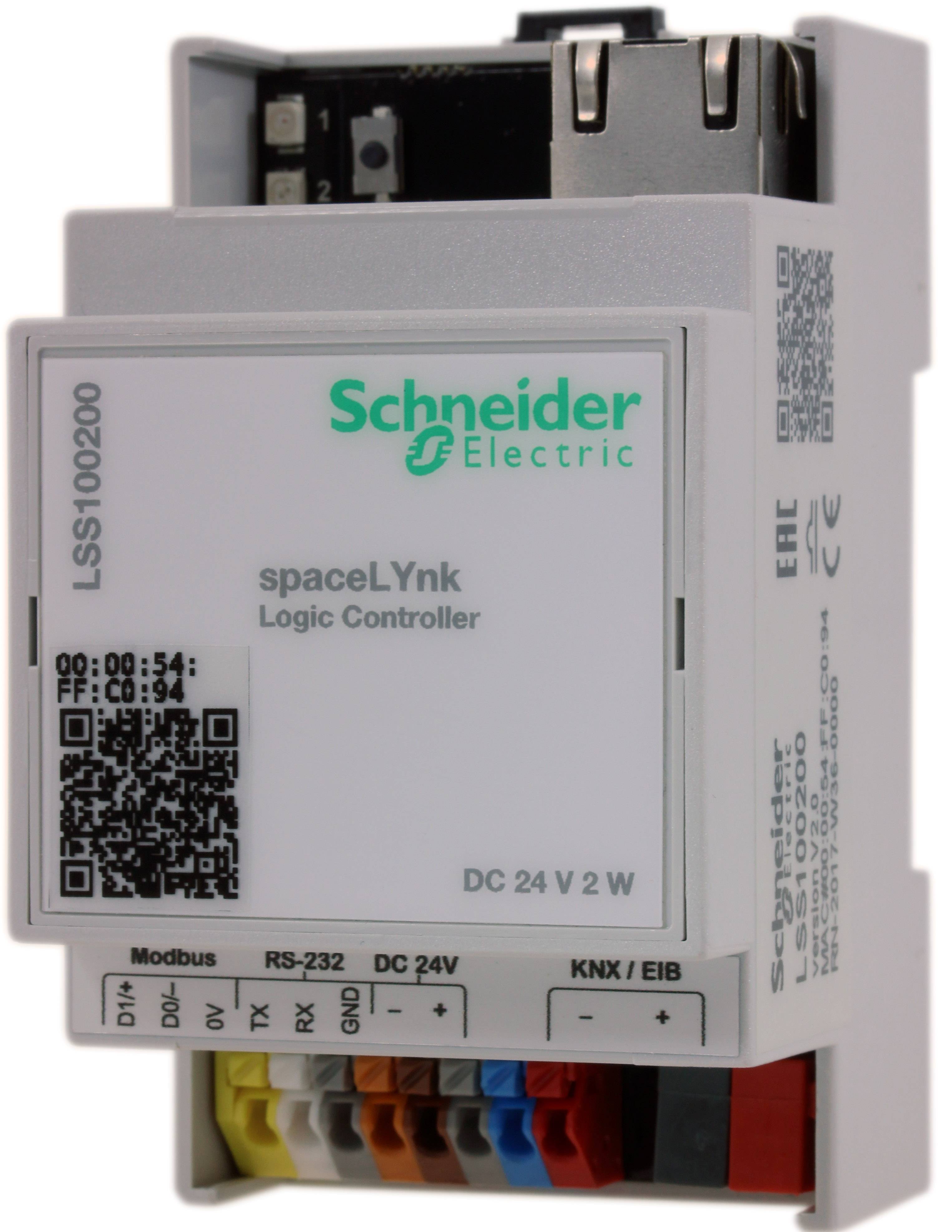 Ein weißer Schneider Electric spaceLYnk Logic Controller mit verschiedenen Anschlüssen und einem QR-Code.