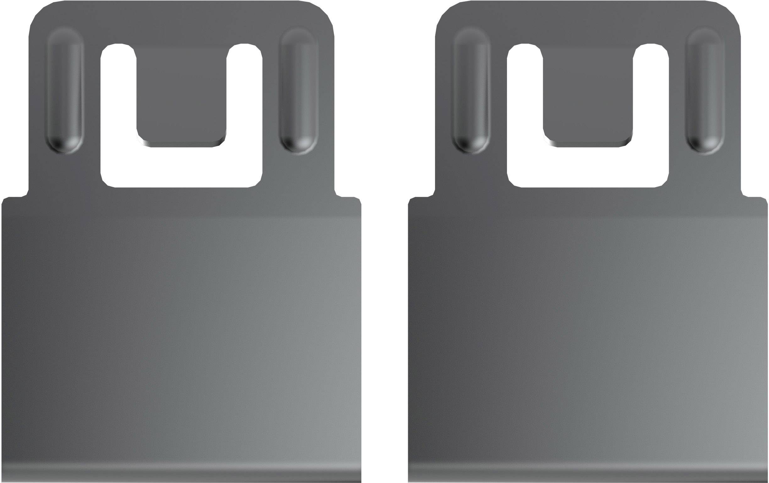 Zwei graue Metallhalterungen, ähnlich geformt, nebeneinander. Sie haben abgerundete Ecken und offene Enden, geeignet zum Einhängen.