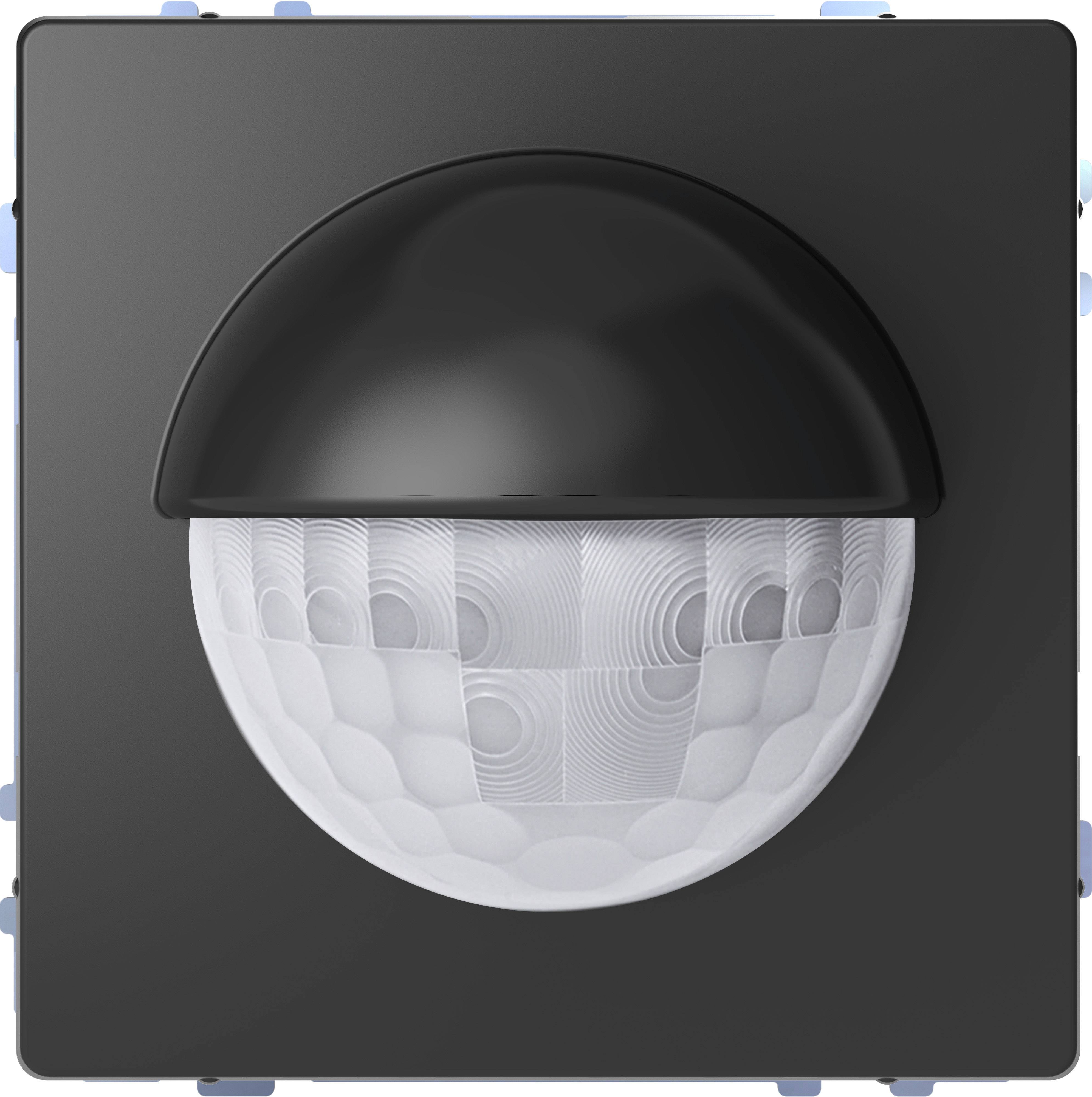 Ein schwarzer Infrarot-Bewegungsmelder mit halbkreisförmiger Kuppel, montiert auf einer quadratischen Platte.