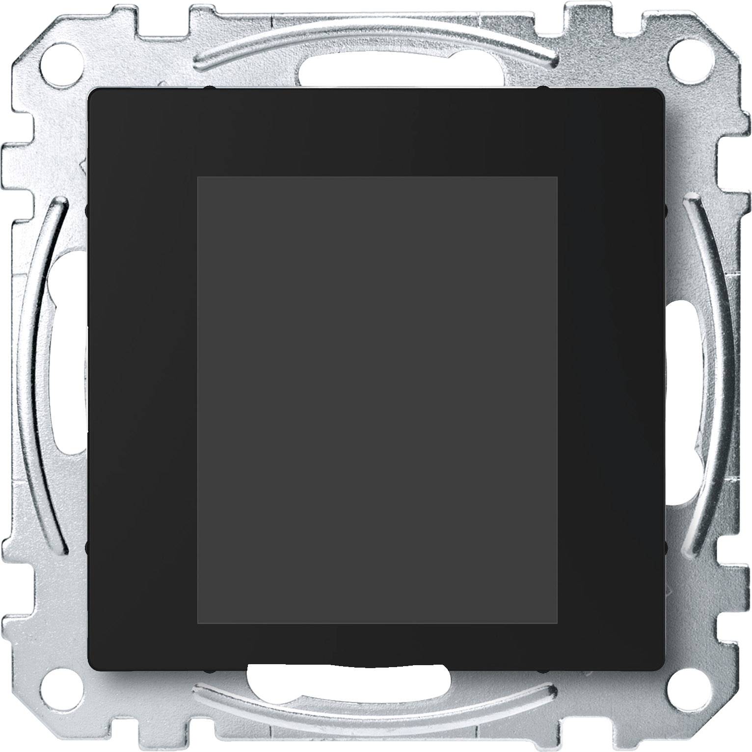 Ein quadratischer, schwarzer Lichtschalter ohne sichtbare Bedienelemente, eingebettet in eine metallene Halterung.