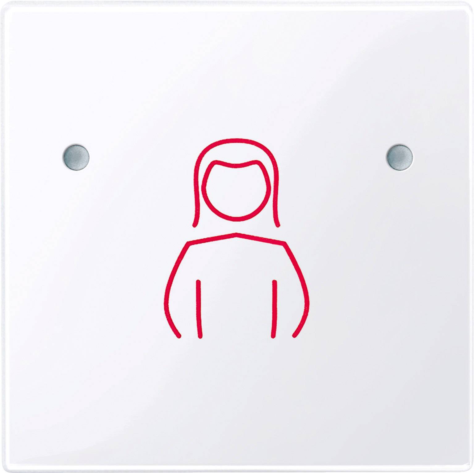 Symbol einer stilisierten Person mit langen Haaren, gezeichnet in roter Linie auf einem weißen Hintergrund; minimalistisch gestaltet.