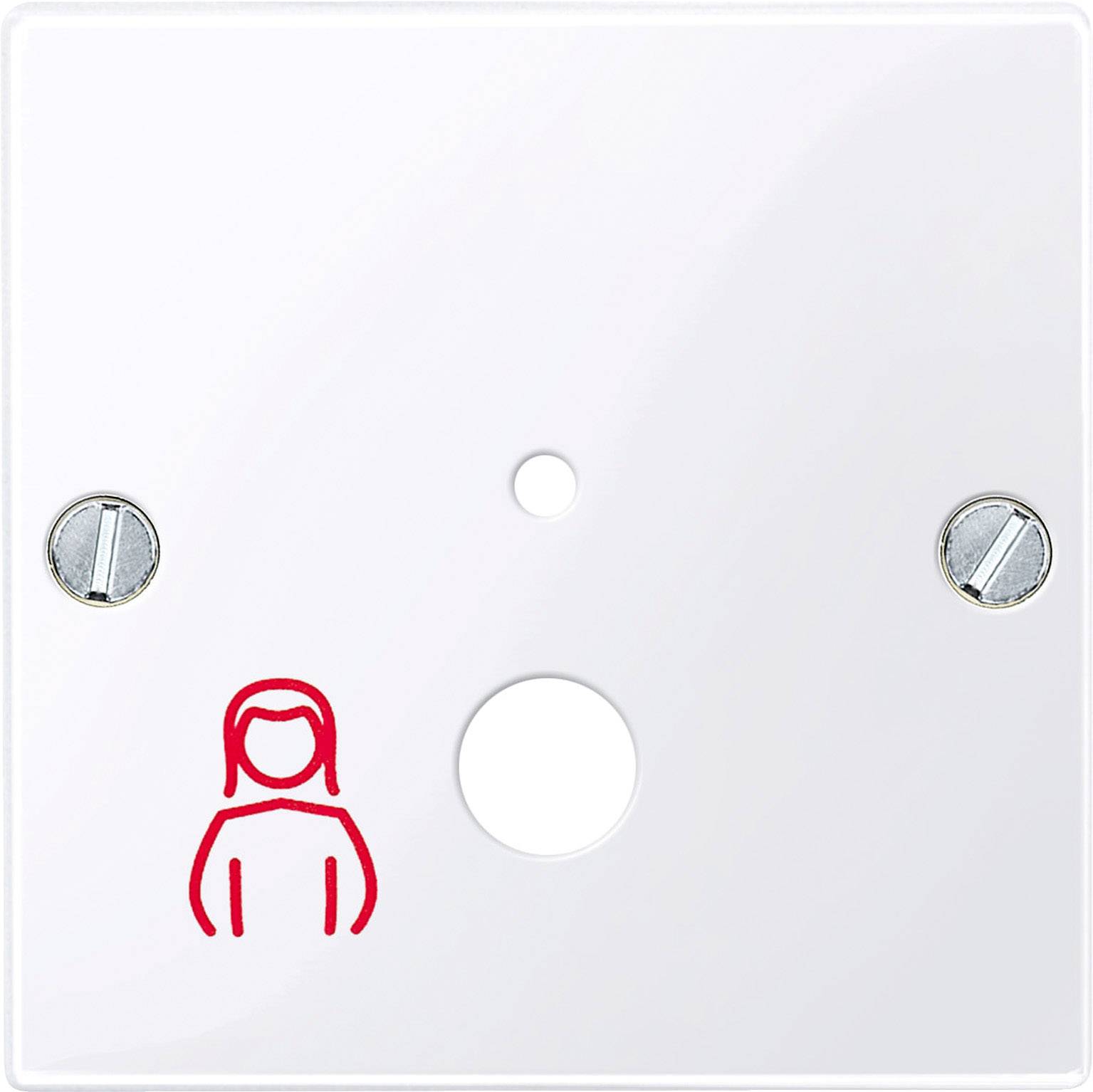 Illustration von einer weißen Platte mit zwei Schrauben und einem stilisierten roten Symbol einer Person an der unteren Ecke.