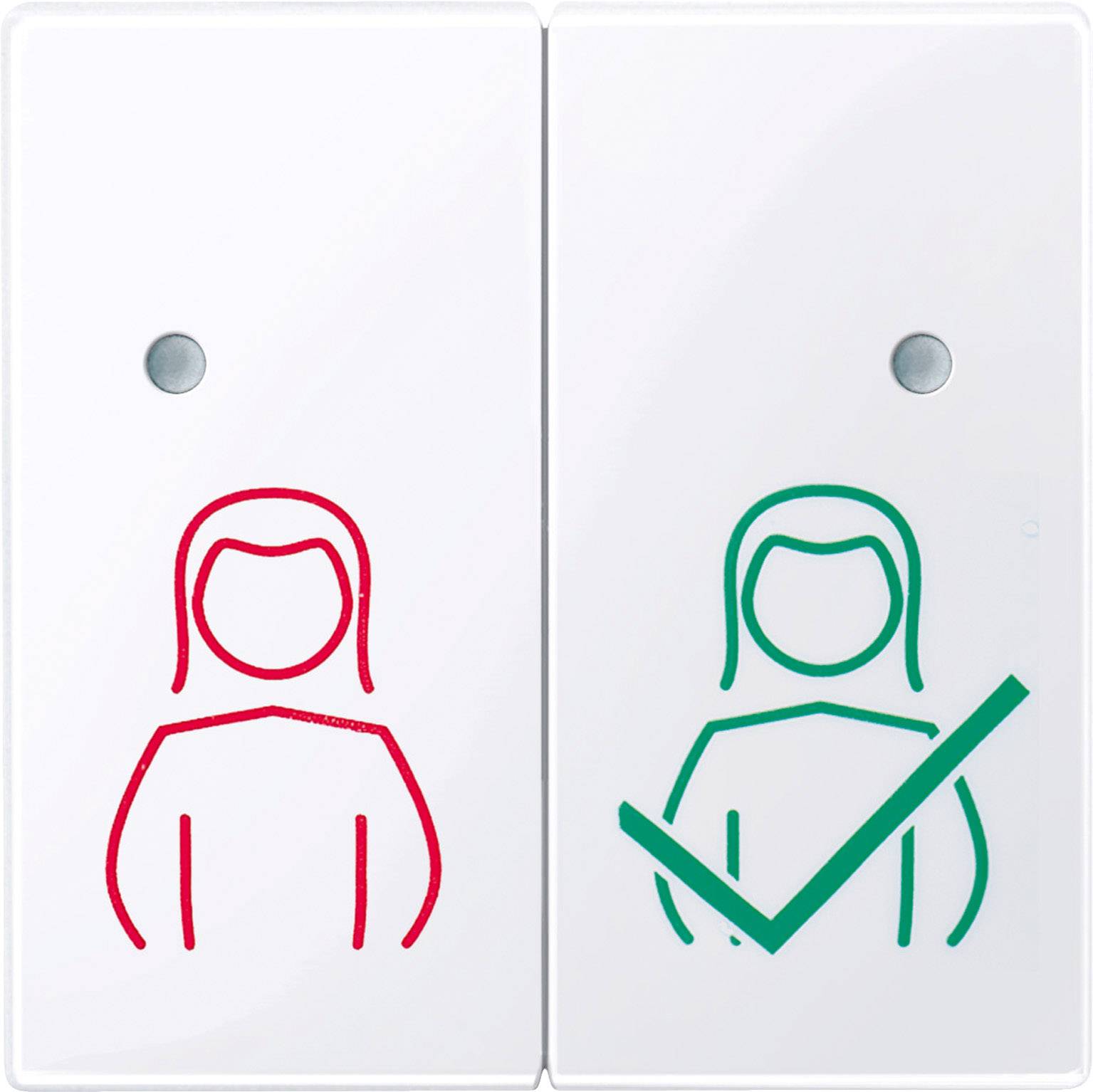 Zwei Symbole: Links eine rote Figur ohne Häkchen, rechts eine grüne Figur mit grünem Häkchen, Hinweis auf richtige Seite.
