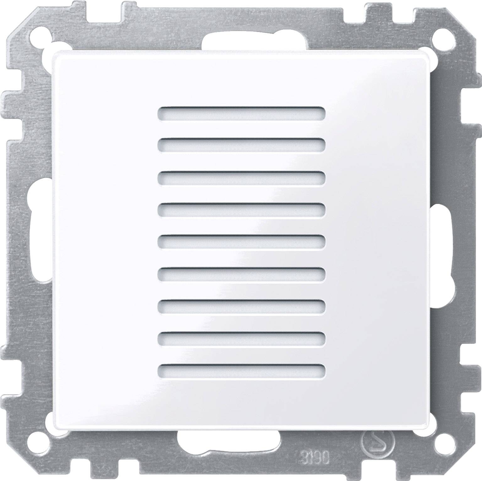 Weiße Lüftungsplatte mit horizontalen Schlitzen, montiert in einer Metallfassung, vor neutralem Hintergrund.