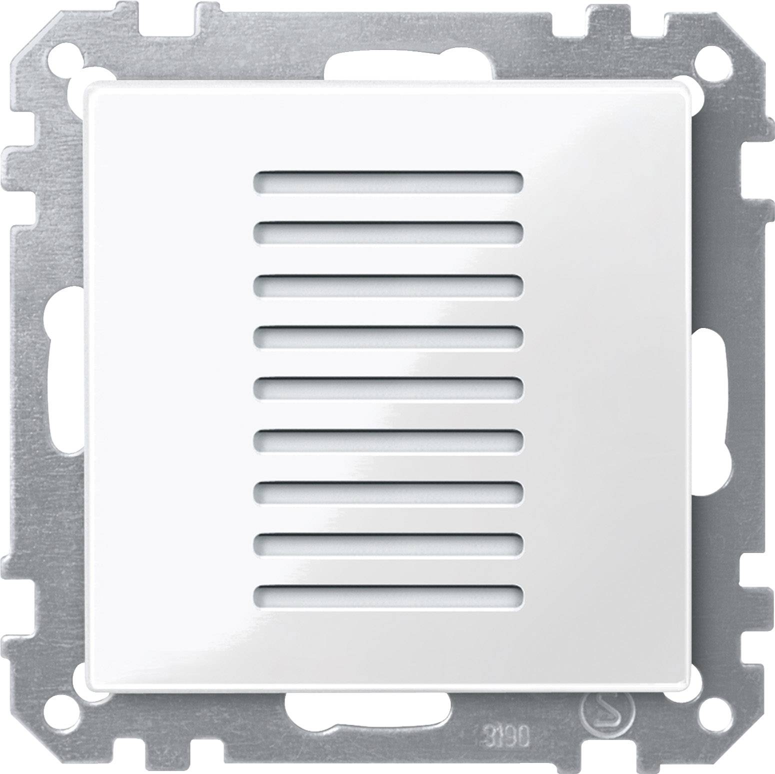 Ein weißes Lüftungsgitter, eingebaut in einen rechteckigen Metallrahmen. Geeignet für Belüftungssysteme in Innenräumen.