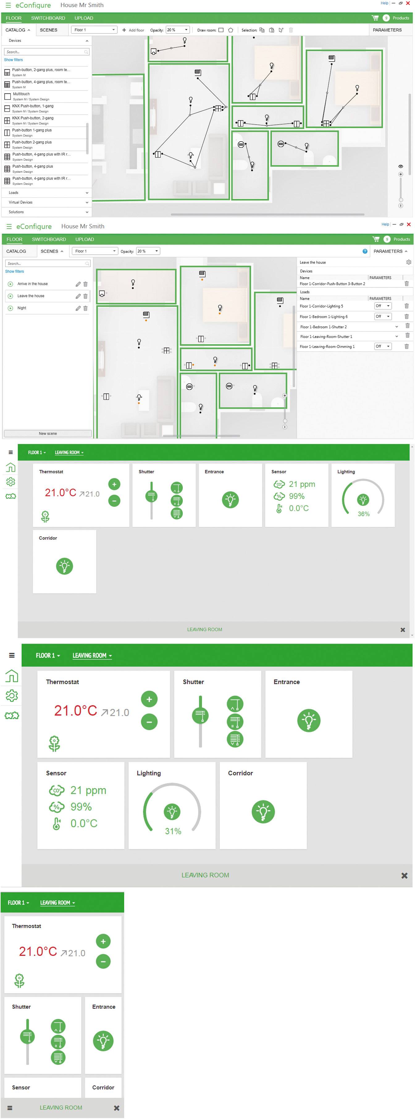 Bild einer Benutzeroberfläche für Smart-Home-Steuerung; zeigt verschiedene Räume und Einstellungen für Temperatur und Beleuchtung.