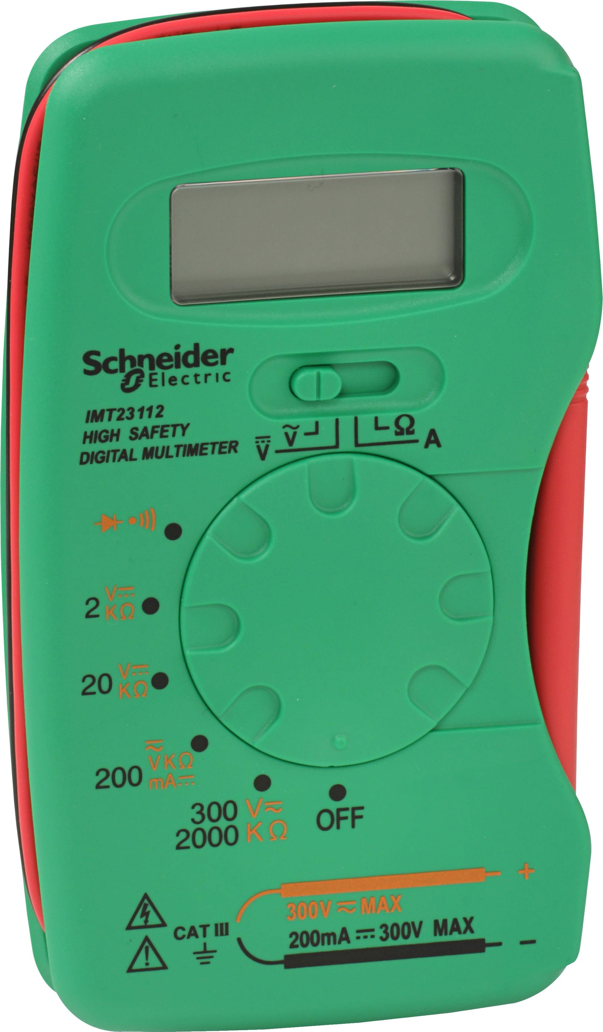 Grünes digitales Multimeter von Schneider Electric zur Messung von elektrischen Größen. Zeigt Einstellungen für Spannung, Strom und Widerstand.