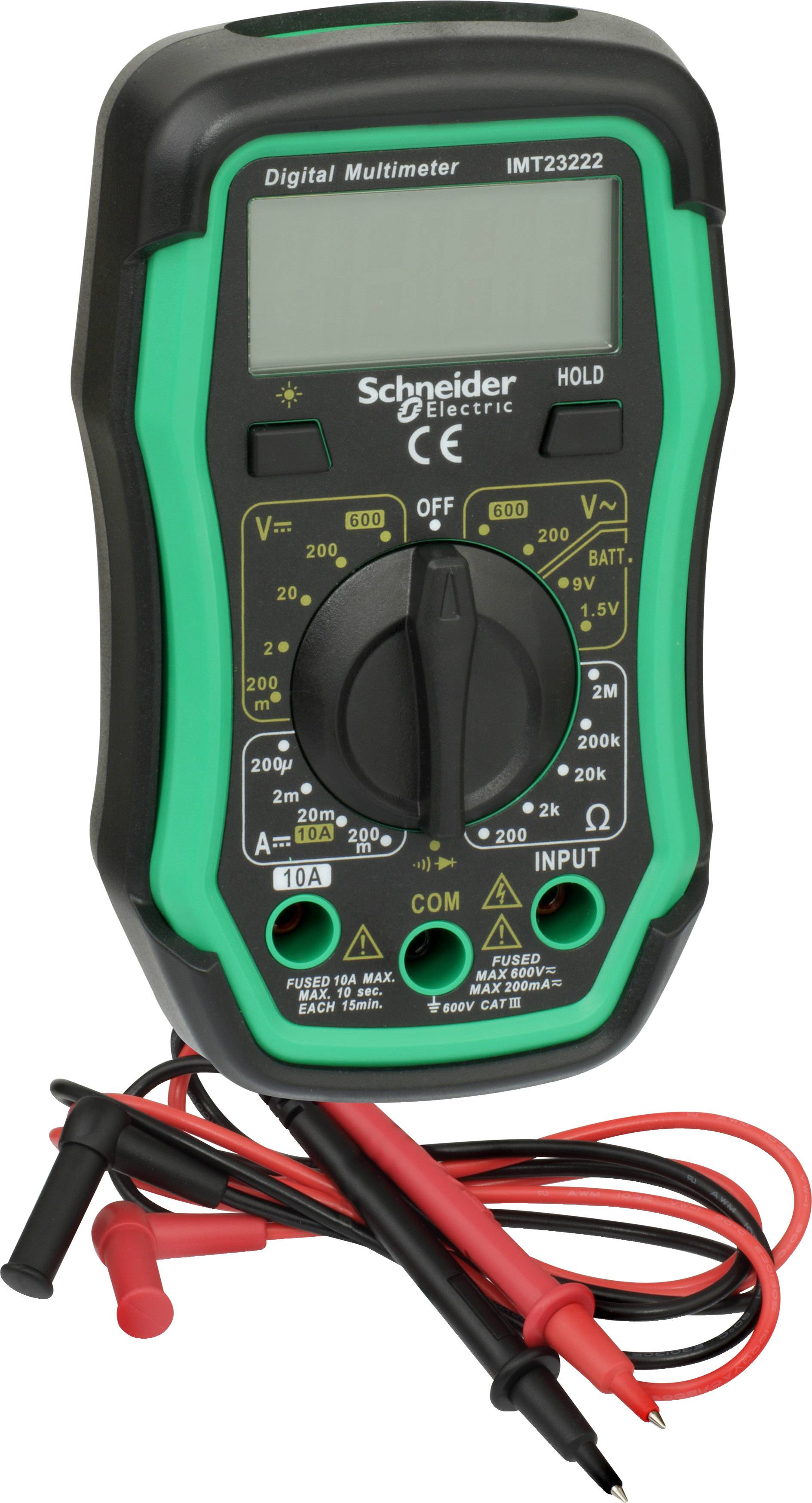 Digitales Multimeter mit grünem und schwarzem Gehäuse. Mit Wählscheibe für verschiedene Messungen und zwei Prüfspitzen.