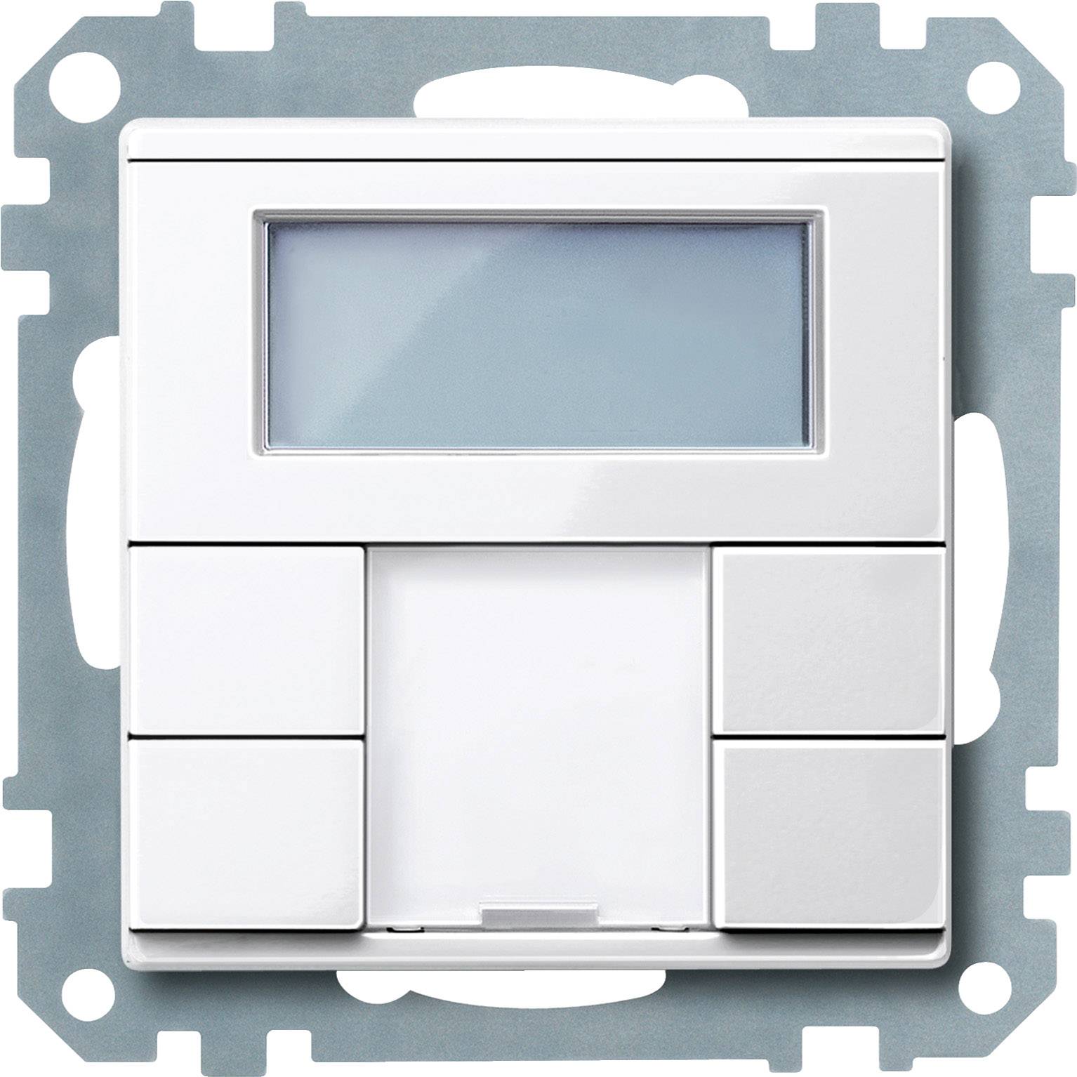 Ein weißer digitaler Lichtschalter mit Display, der in einer metallenen Halterung montiert ist.