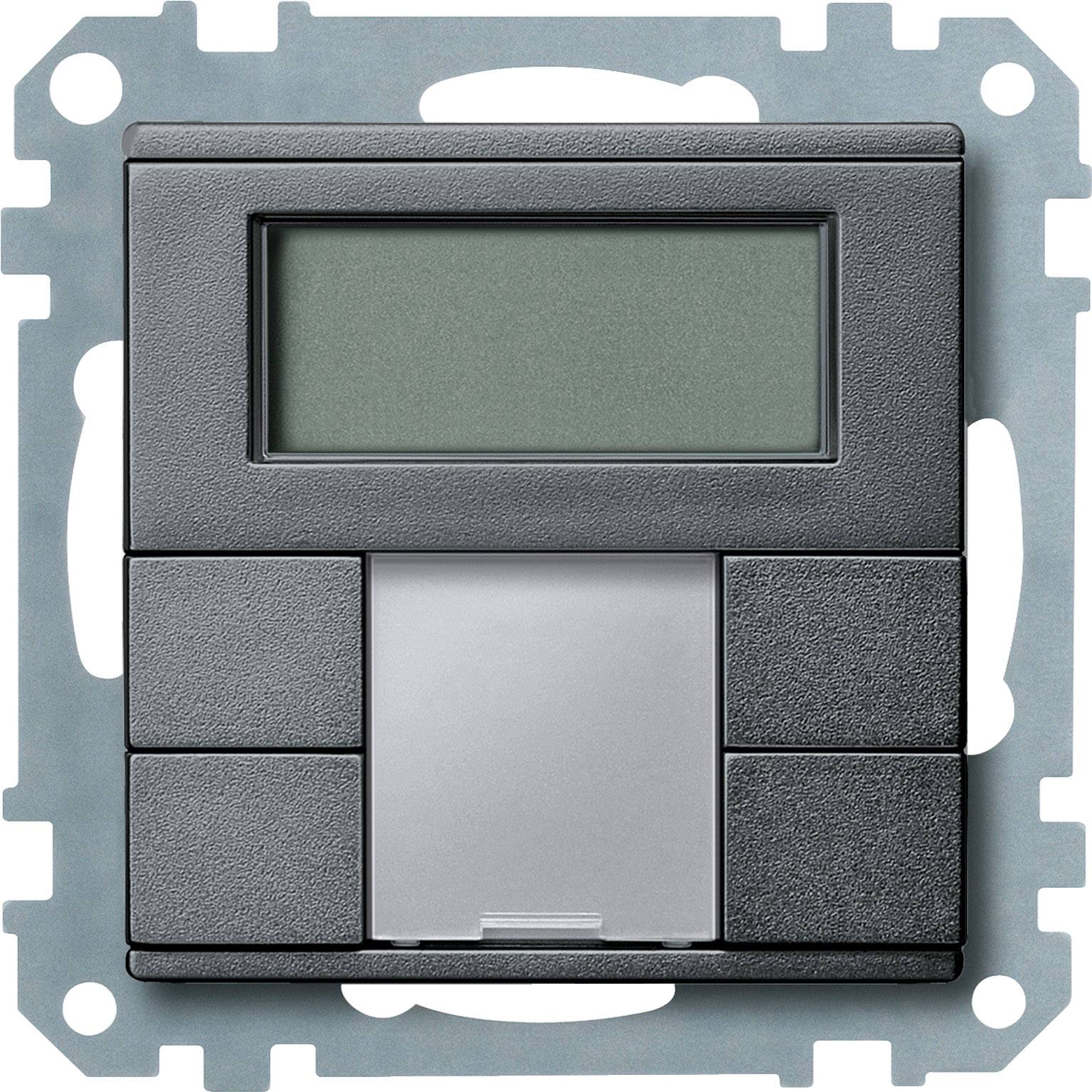 Elektronisches Bedienelement mit großem Display und mehreren Tasten, eingebaut in einer quadratischen Wandhalterung.