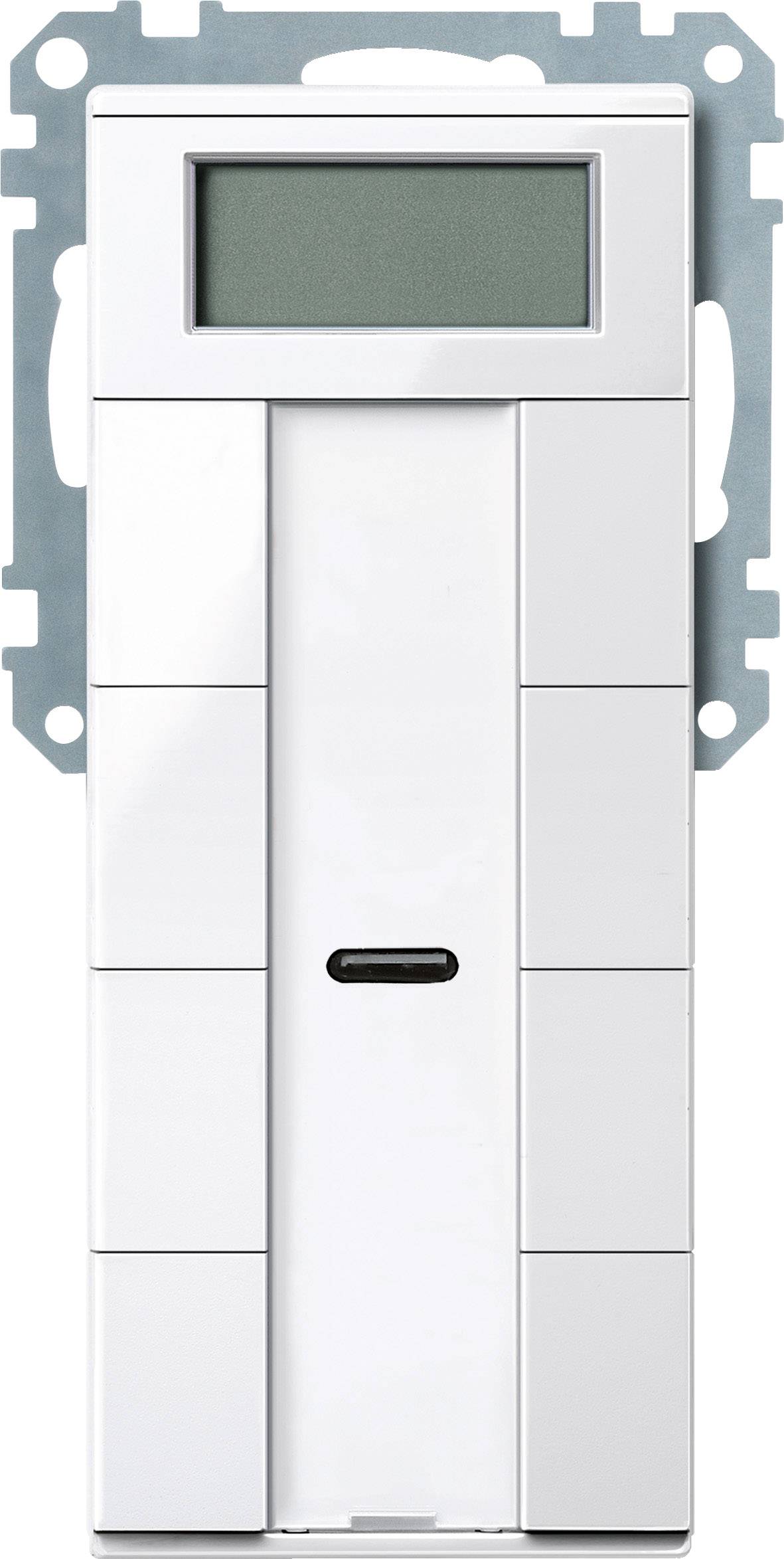 Ein weißer Schalter mit digitalem Display und einem kleinen, zentralen Knopf. Er ist für die Montage in einer Wand vorgesehen.