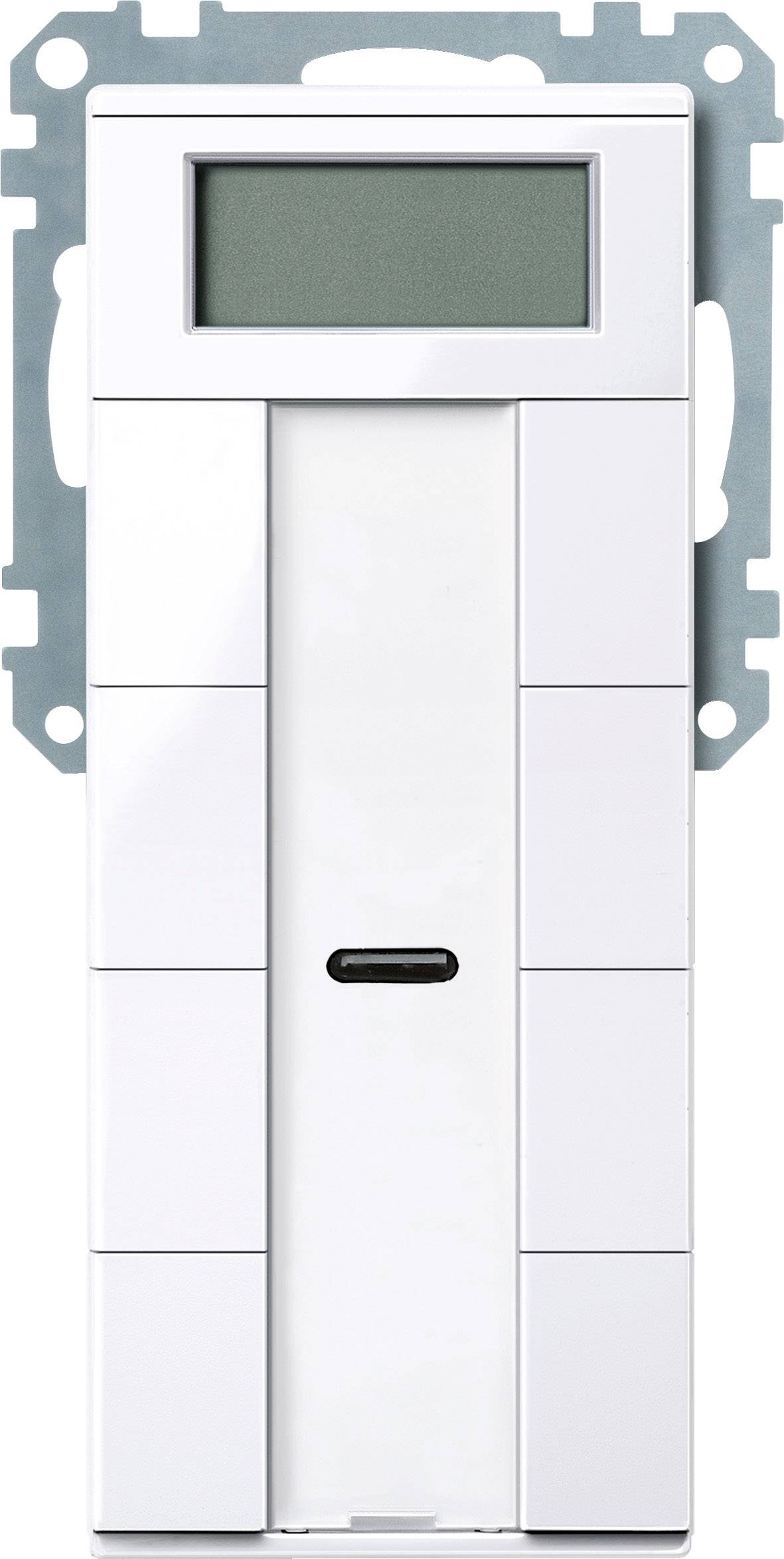 Weißer Schaltersensor mit rechteckigem Display oben und mehreren Tasten an den Seiten.