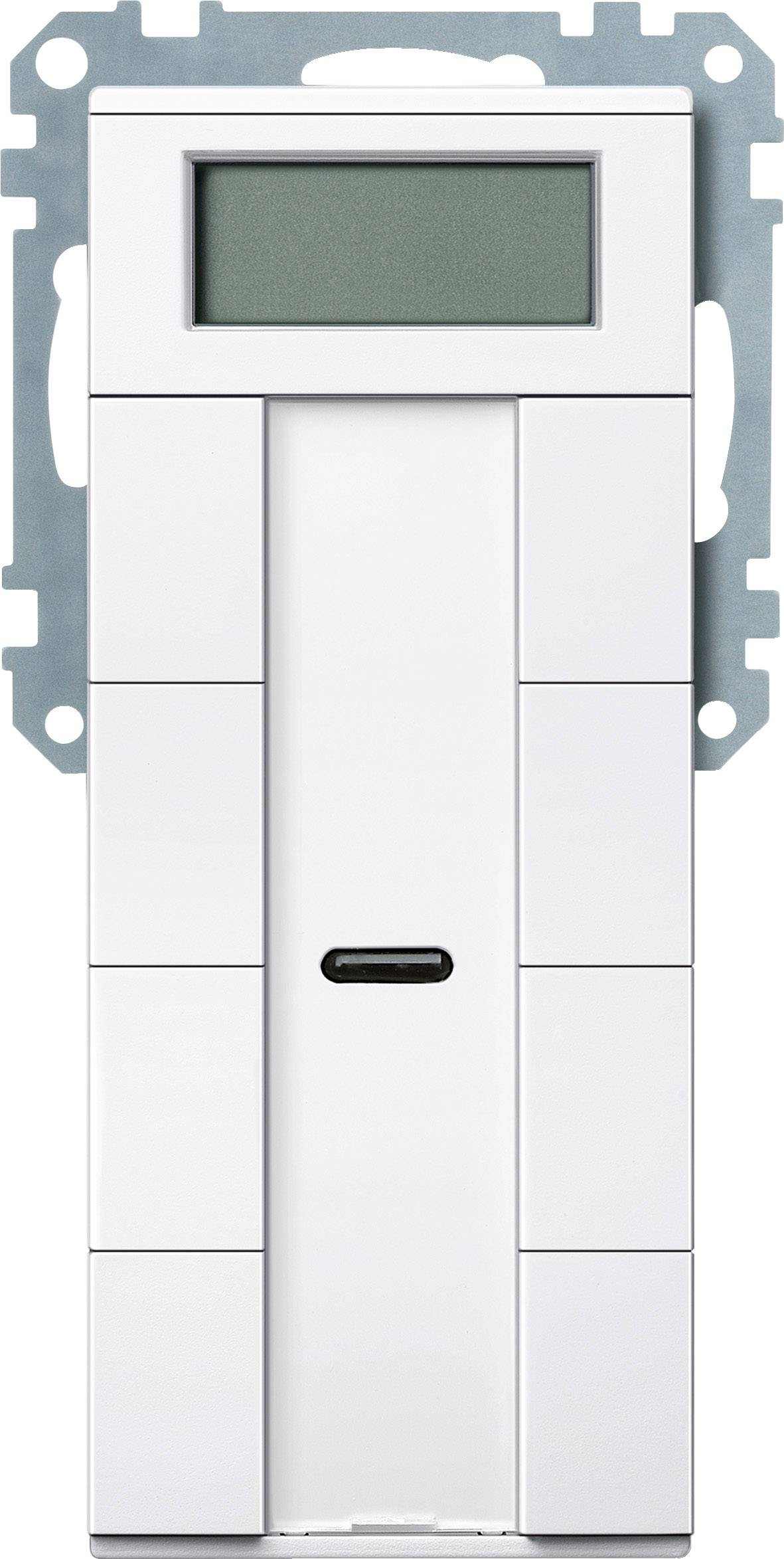 Ein weißer Lichtschalter mit rechteckigem Display oben, geeignet für smart home Anwendungen.
