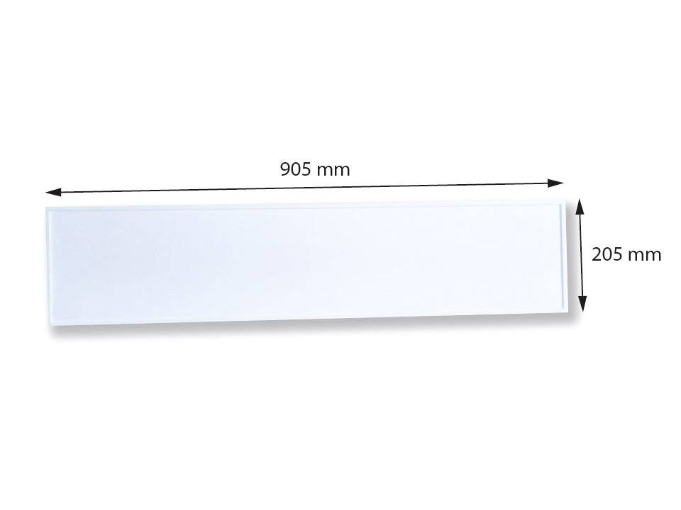 Weiße rechteckige Platte mit den Maßen 905 mm Länge und 205 mm Breite, horizontal ausgerichtet.