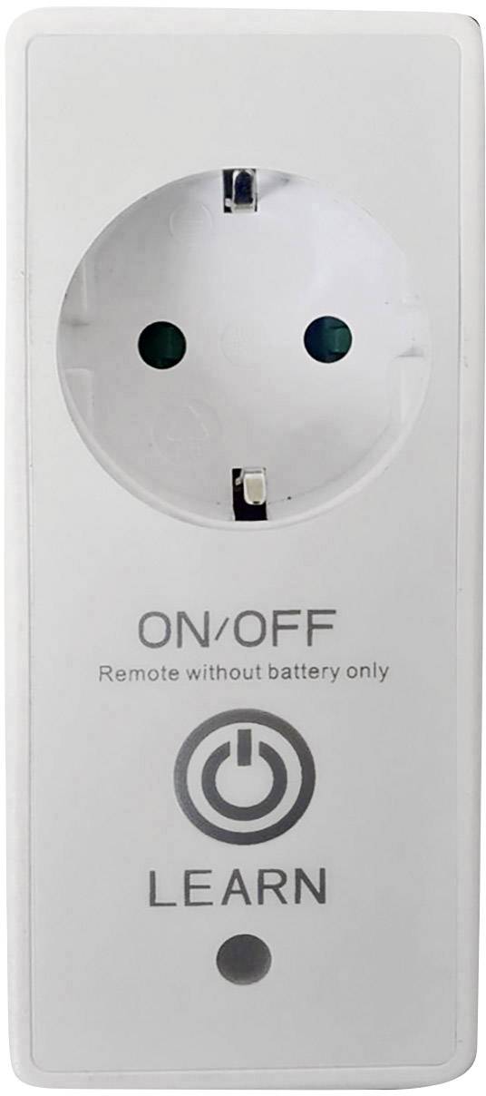 Eine weiße Steckdose mit der Beschriftung 'ON/OFF' und 'LEARN'. Sie ist für die Fernsteuerung ohne Batterie ausgelegt.