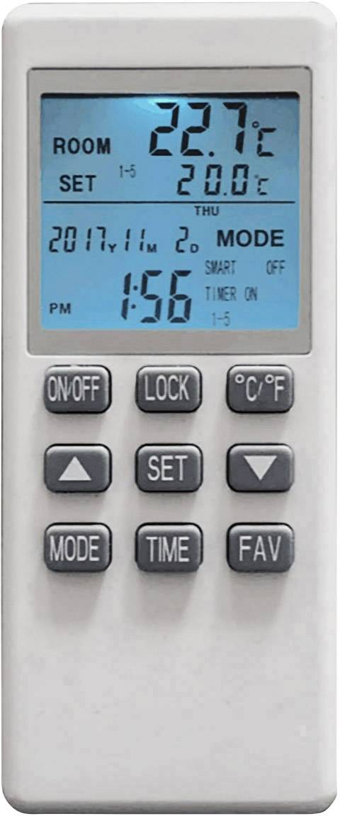 Eine Fernbedienung mit Digitalanzeige zeigt Raumtemperatur von 22,7°C, Einstellung 20°C. Tasten für 'ON/OFF', 'LOCK', 'SET', 'MODE', 'TIME', 'FAV'.