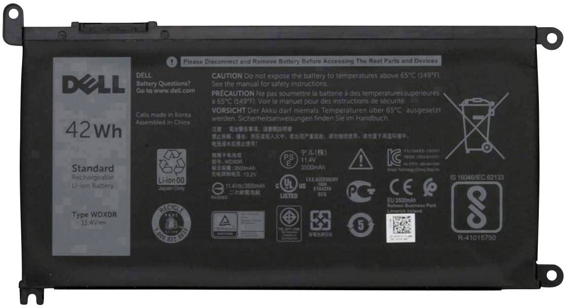 Schwarzer Lithium-Ionen-Akku von Dell mit einer Kapazität von 42 Wh, Modell WDX0R. Enthält Warnhinweise und Sicherheitsinformationen.