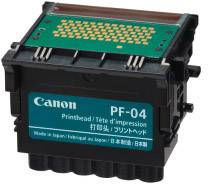 Ein Canon PF-04 Druckkopf, schwarzes Gehäuse mit grüner Platine oben, Etikett mit Markennamen und Modellnummer sichtbar.