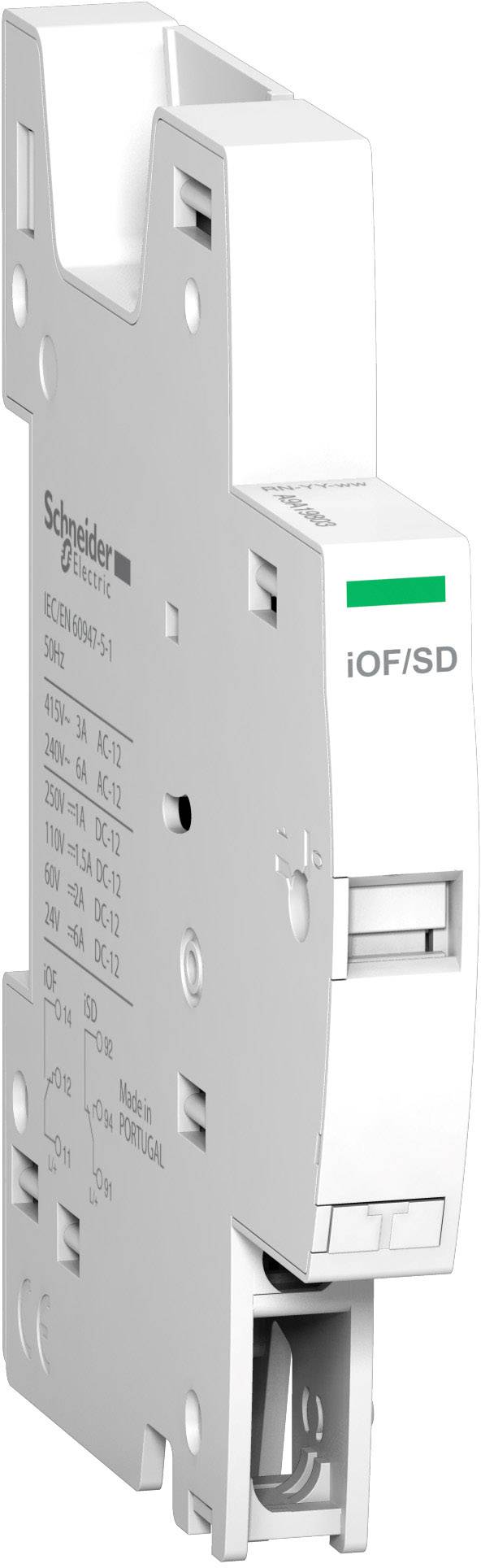 Ein weißes elektrisches Schaltgerät von Schneider Electric, Modell iOF/SD, mit Sichtfenster und grüner Markierung oben rechts.