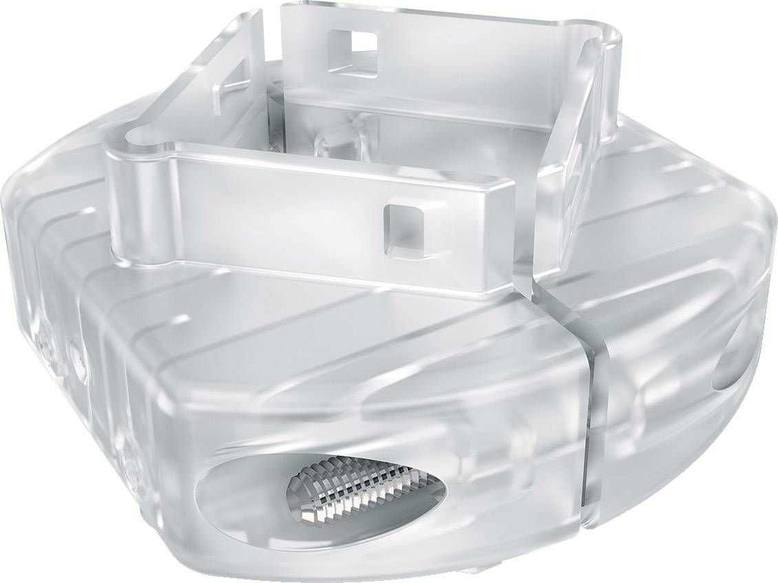 Ein transparentes, sechseckiges Kunststoffbauteil mit inneren und äußeren Halterungen. Details einer Schraubverbindung sind erkennbar.