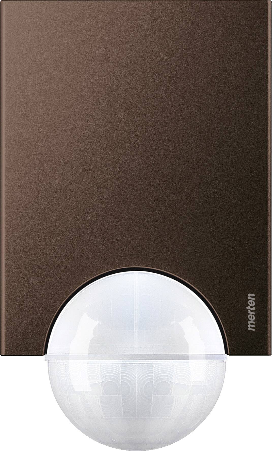Ein brauner Bewegungsmelder mit weißer Kuppel, geeignet für die Wandmontage, abgebildet vor einem neutralen Hintergrund.