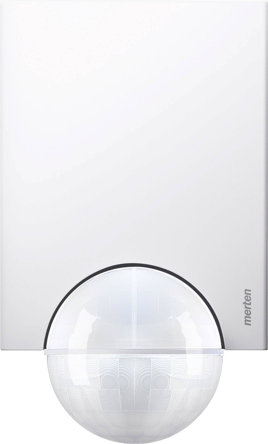 Ein weißer Bewegungsmelder von Merten, rechteckig mit abgerundetem unteren Bereich.
