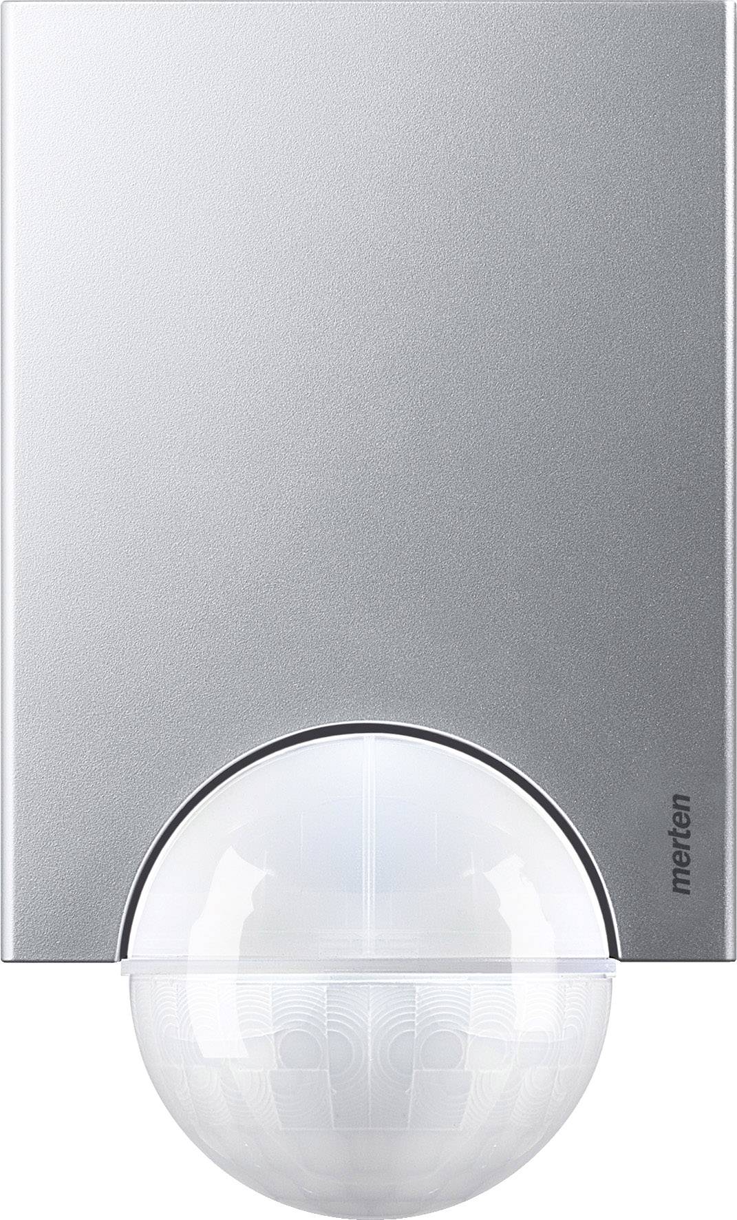 Eine silberne Außenleuchte mit einem kugelförmigen Bewegungssensor unten, Marke 'metten'. Geeignet für automatische Beleuchtung.