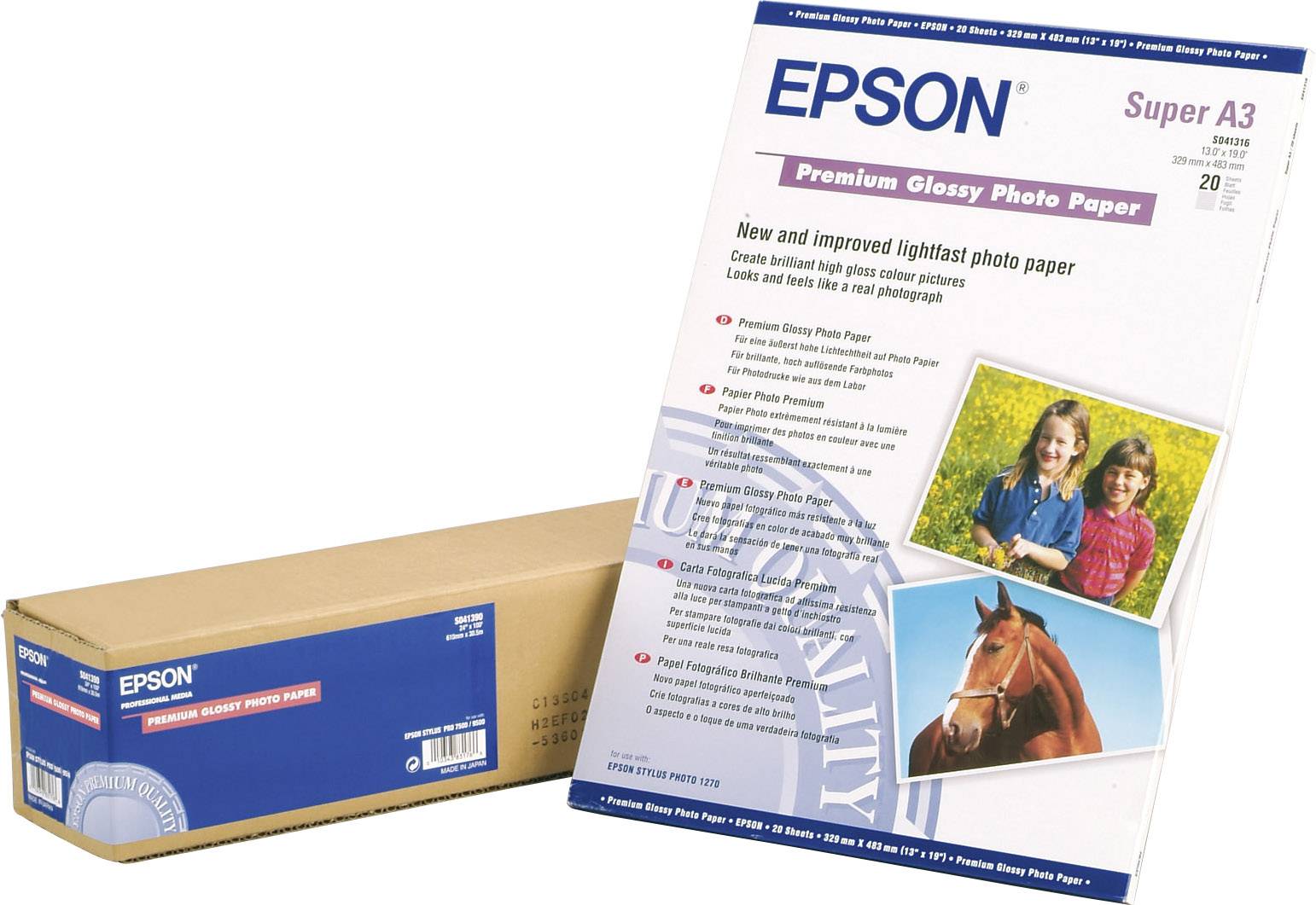 Packung und Karton von 'Epson Premium Glossy Photo Paper Super A3', zeigt zwei Kinder und ein Pferd; für hochwertige Fotodrucke.