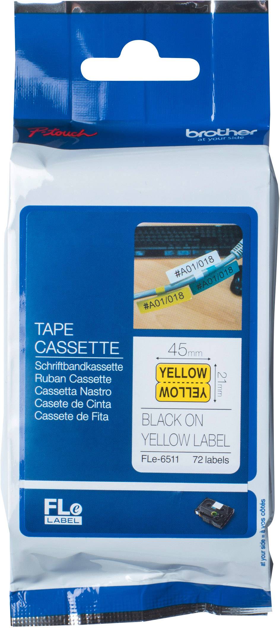 Schriftband Laminierte Kabel-Etiketten Brother FLe FLe-6511 Bandfarbe: Gelb Schriftfarbe:Schwarz