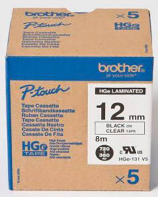 Brother HGe-131V5 Schriftband 5er Set Bandfarbe: Transparent Schriftfarbe: Schwarz 12 mm 8 m
