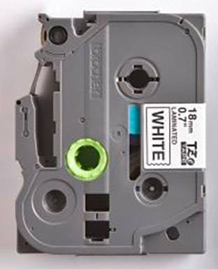 Graues Beschriftungsband mit Text ‘WHITE 18mm 0.7 Laminated’ und grüner Spule, geeignet für Etikettendrucker.