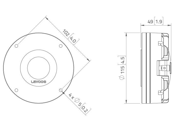 Technische Zeichnung eines kreisförmigen Bauteils mit Durchmessern von 102 mm und 115 mm. Seitliche Ansicht zeigt eine Tiefe von 49 mm.