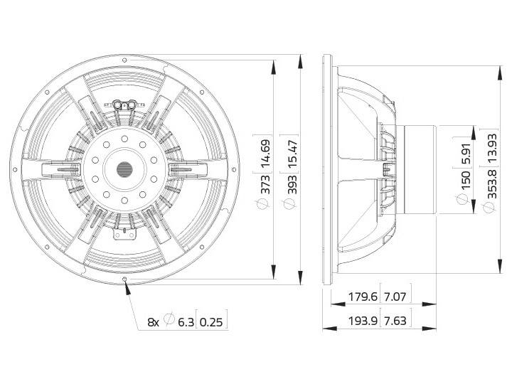 Technische Zeichnung eines Lautsprechers. Zeigt Durchmesser von 373 mm und 358 mm, Tiefe von 193,9 mm, sowie Bohrlochmaße.