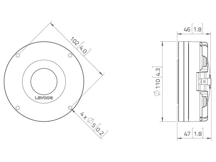 Technische Zeichnung eines runden Geräts mit Durchmesserangaben 102 mm und 110 mm. Querschnitt zeigt Dicke von 46 mm und 47 mm.