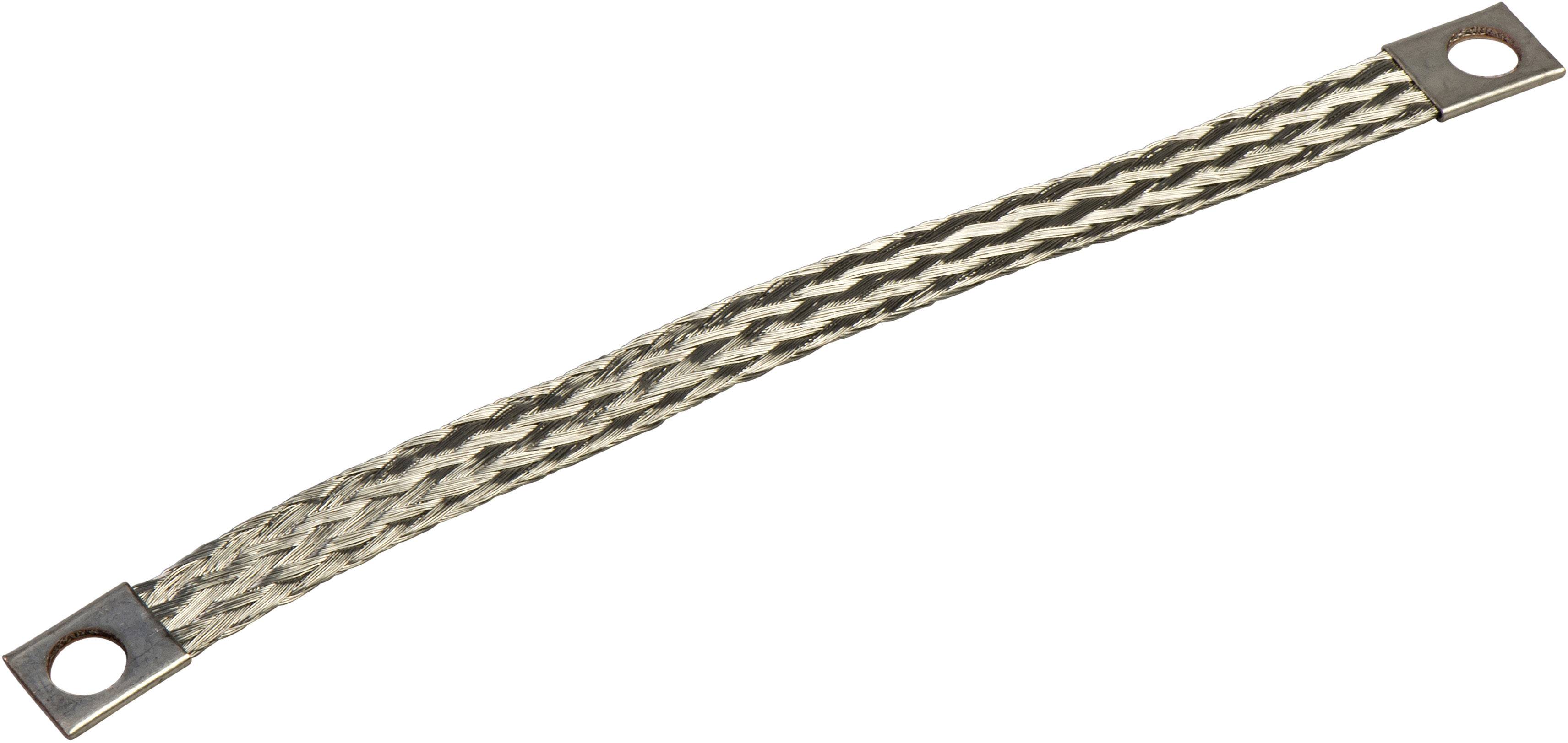 Ein flexibler, geflochtener Metallstreifen mit rechteckigen Endstücken und Löchern, vermutlich zur elektrischen Erdung oder Verbindung.