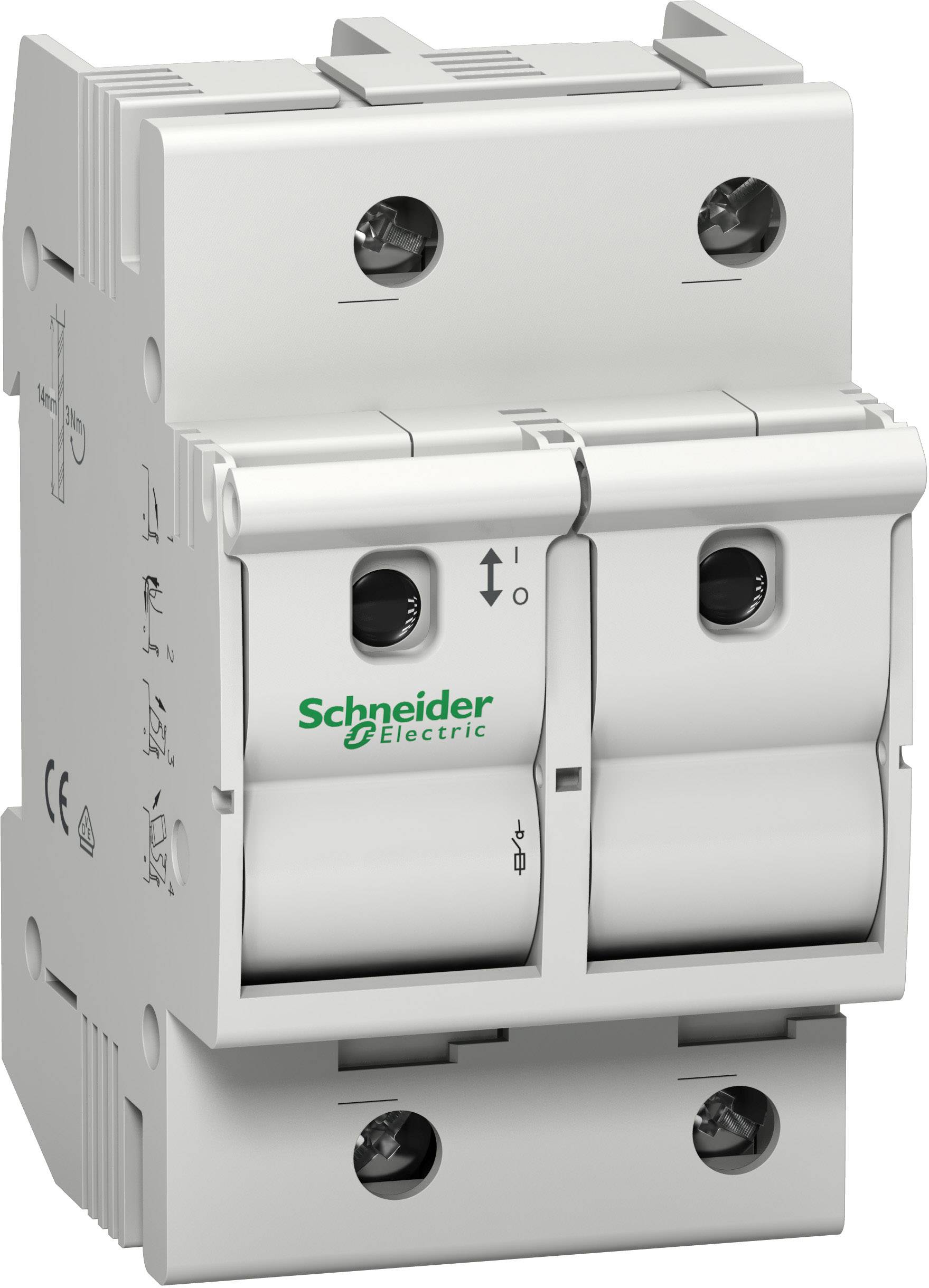 Ein zweipoliger Sicherungsautomat von Schneider Electric, weiß, mit kippbarem Schalter zur Steuerung des Stromflusses.