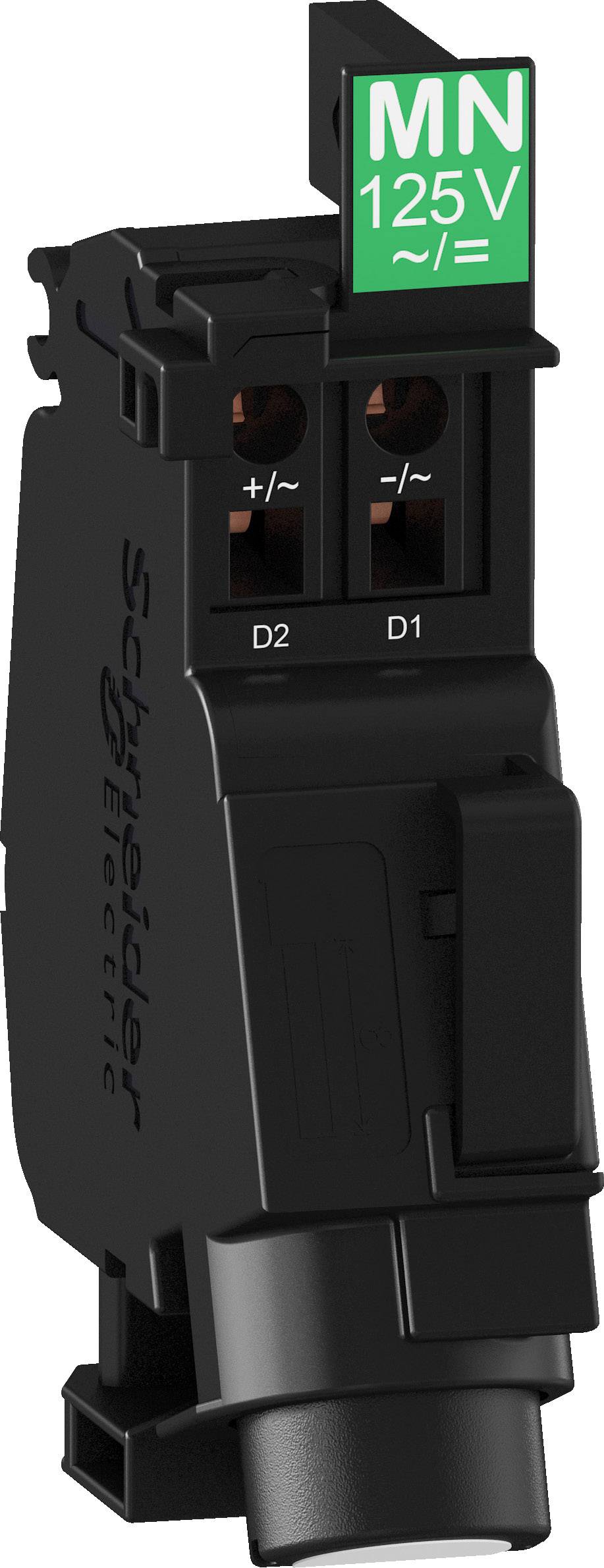 Ein schwarzes elektrisches Modul mit grüner Beschriftung 'MN 125V'. Es hat zwei Anschlusskontakte oben und ist von Schneider Electric.