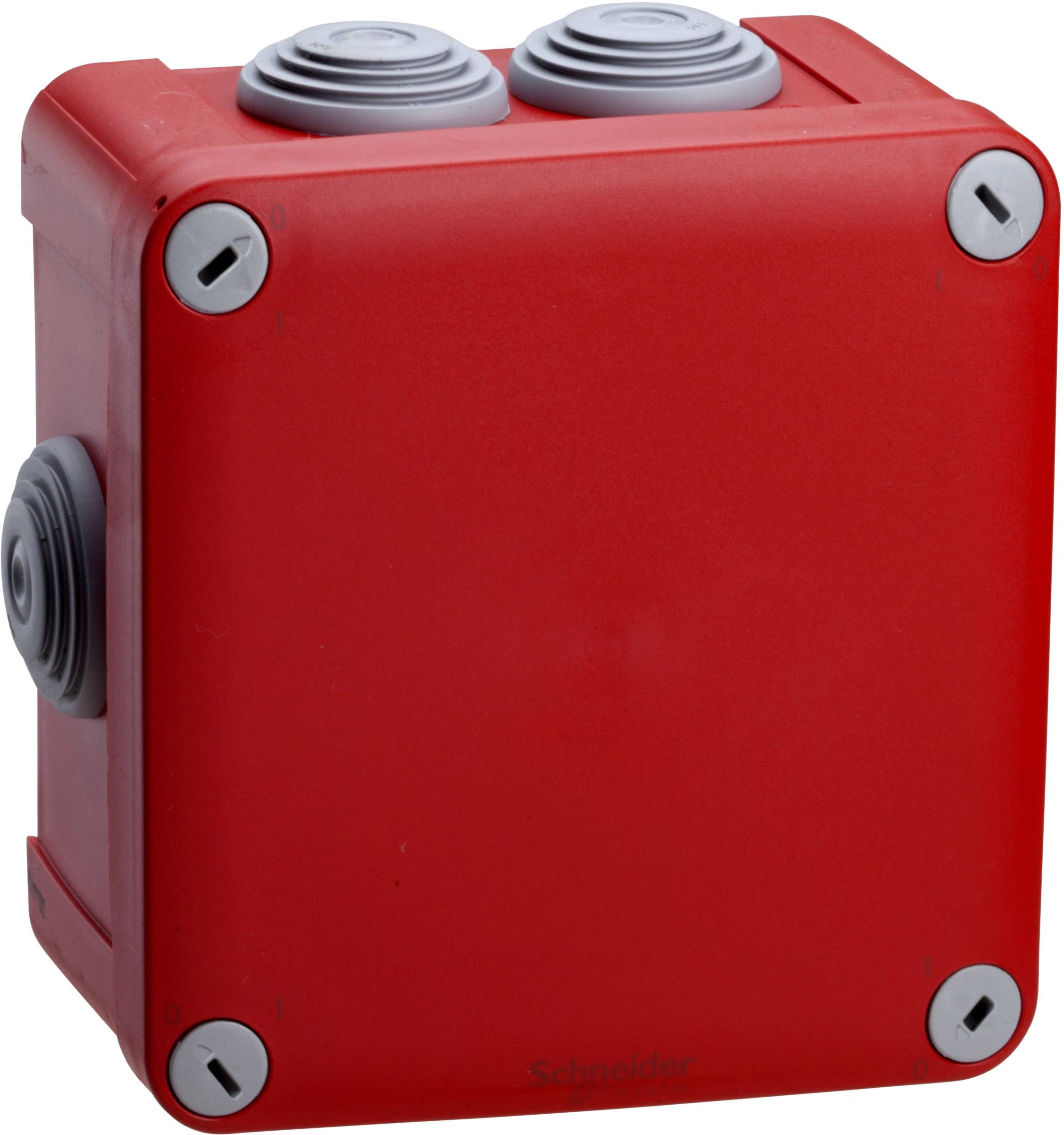 Rotes Kunststoff-Gehäuse mit grauen Kabelverschraubungen an den Seiten, geeignet für elektrische Installationen.