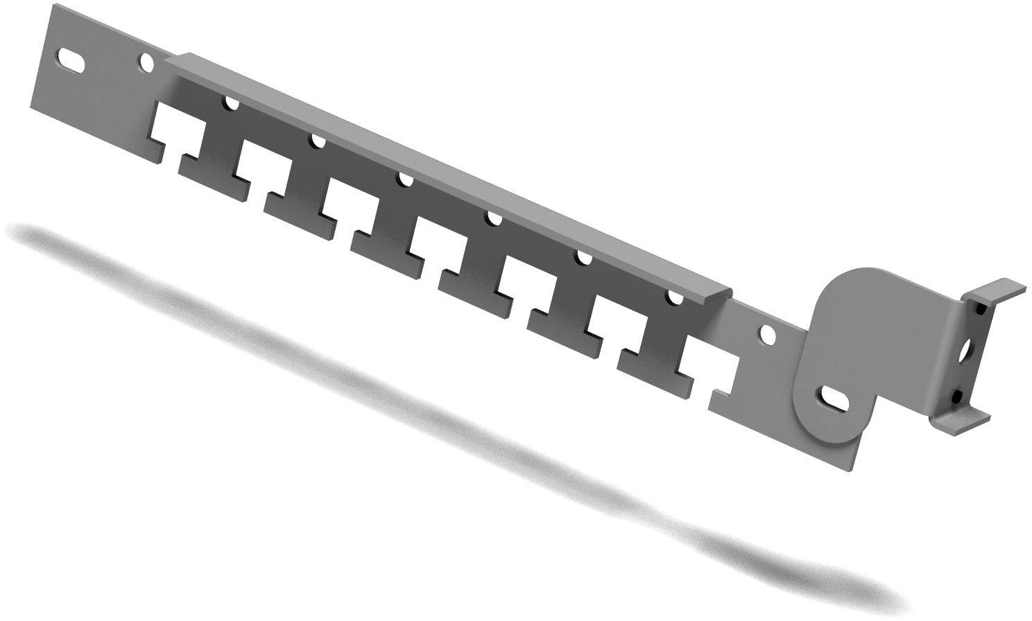 Metallische Halterung mit mehreren Hakenöffnungen. Sie wird horizontal montiert und bietet Platz zur Befestigung von Kabeln oder ähnlichen Elementen.