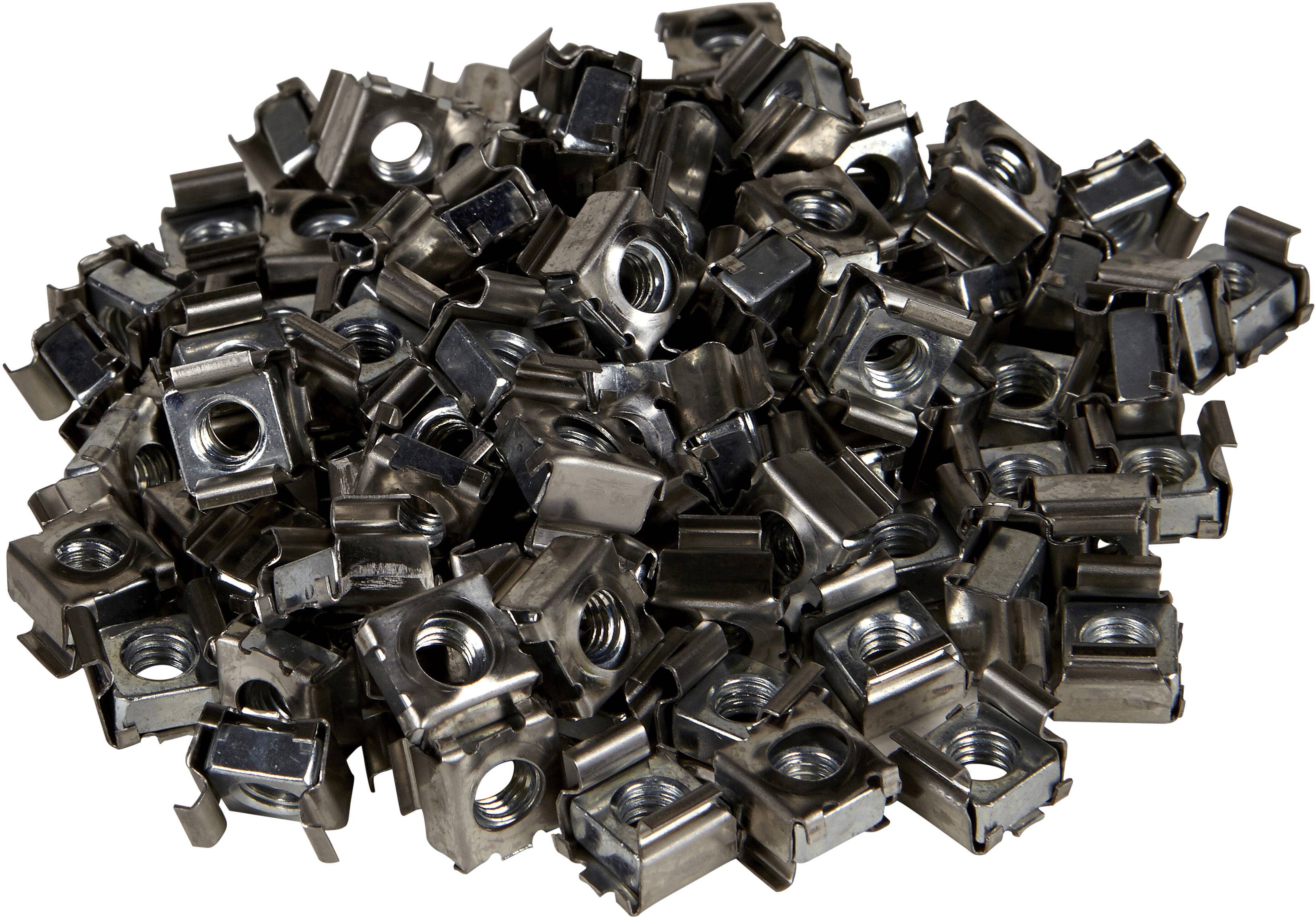 Ein Haufen silberner Metallclips mit rechteckiger Form, die zur Befestigung von Teilen verwendet werden können.