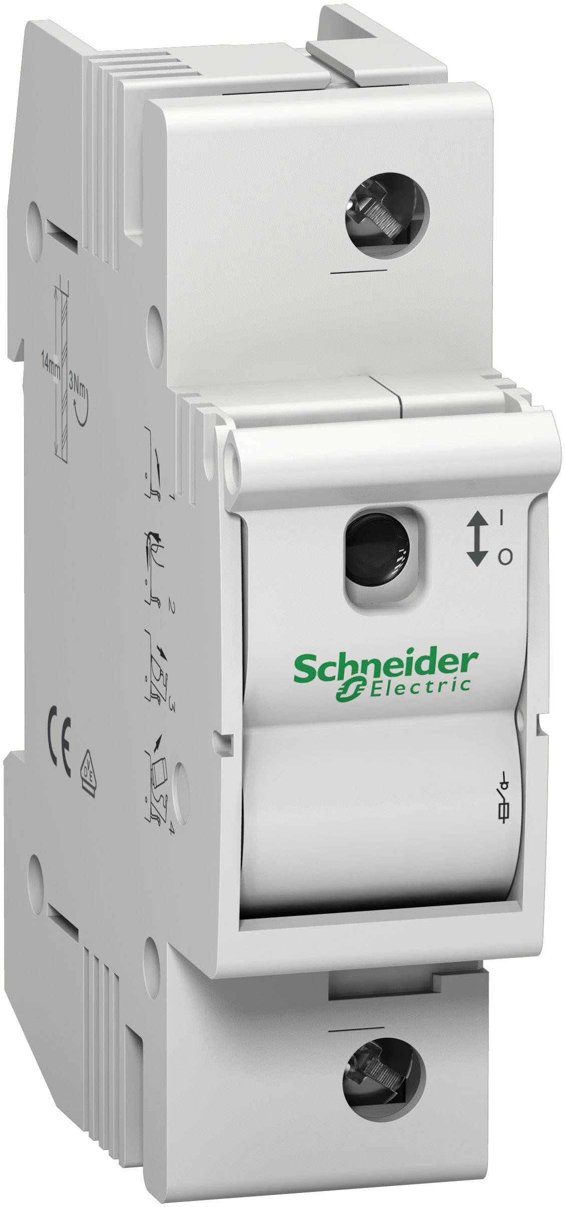 Leistungsschalter von Schneider Electric mit 'I' und 'O' Markierungen. Verwendet zum Schutz elektrischer Schaltkreise vor Überlastung.