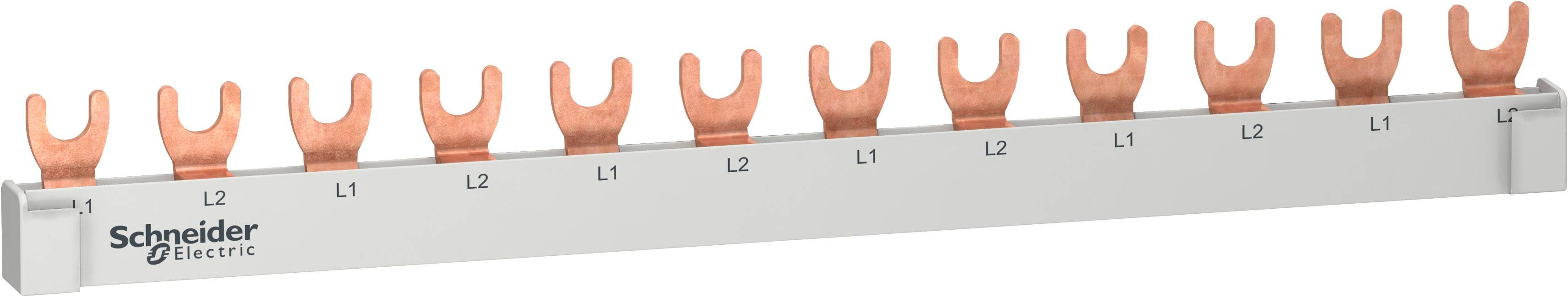 Eine Kupfer-Schienenklemmleiste mit elf Zinken, beschriftet mit 'L1', 'L2', 'L3', für elektrische Verbindungen, von Schneider Electric.