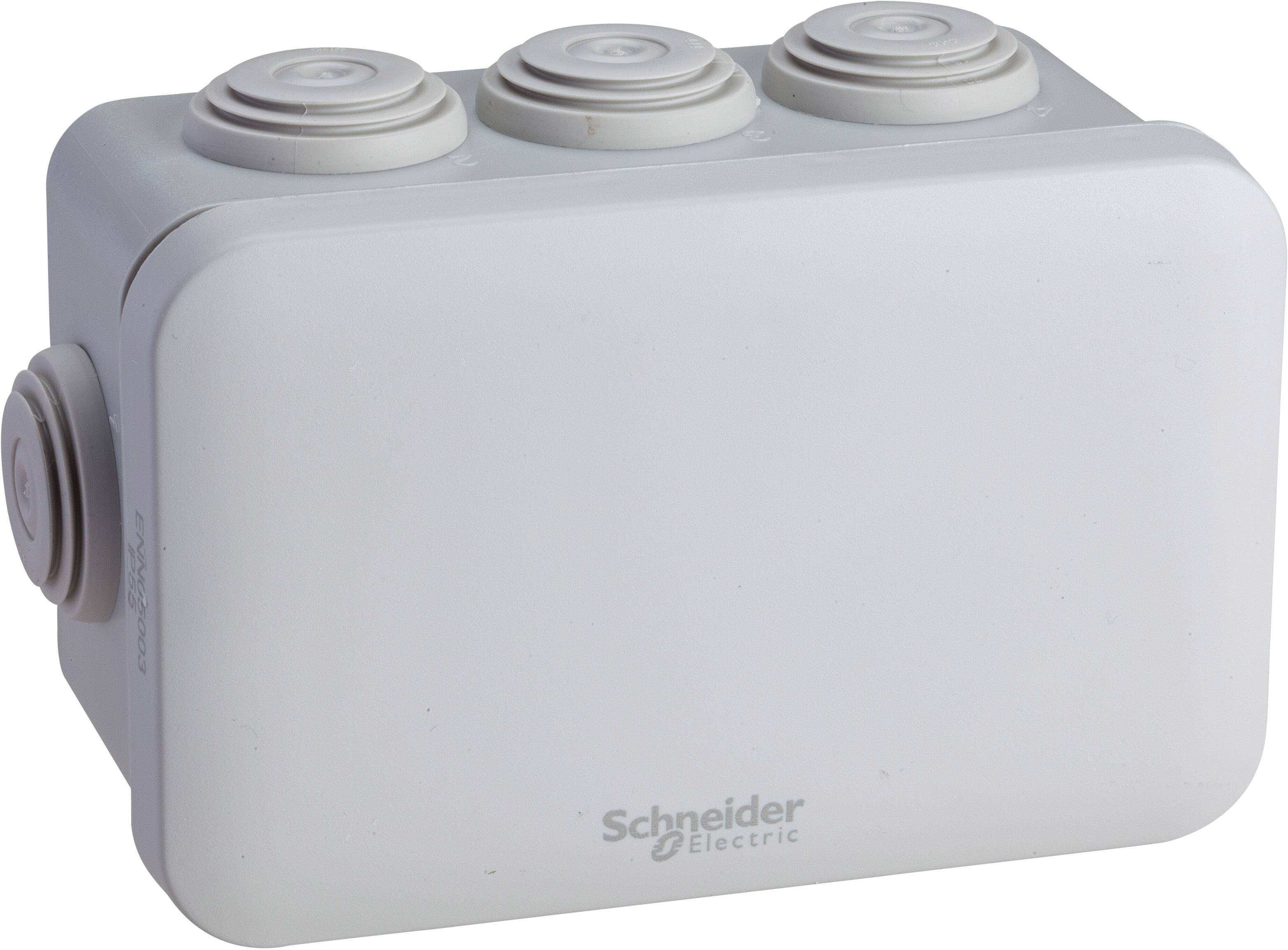 Ein graues, rechteckiges Gehäuse mit drei runden Erhebungen auf der Oberseite, beschriftet mit 'Schneider Electric'.