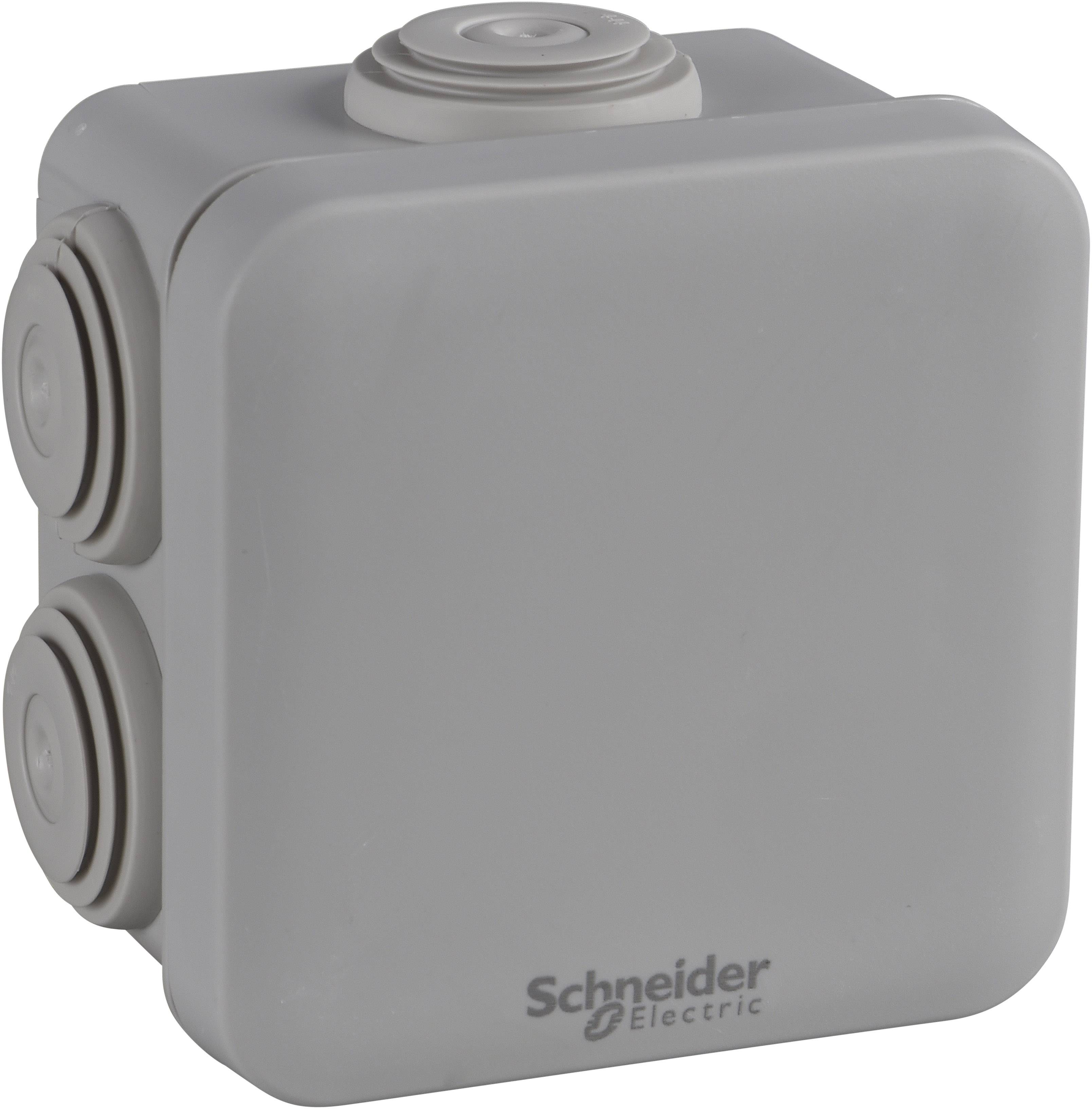 Graues, quadratisches Kunststoffgehäuse mit der Aufschrift 'Schneider Electric'. Ventilationsöffnungen an den Seiten.