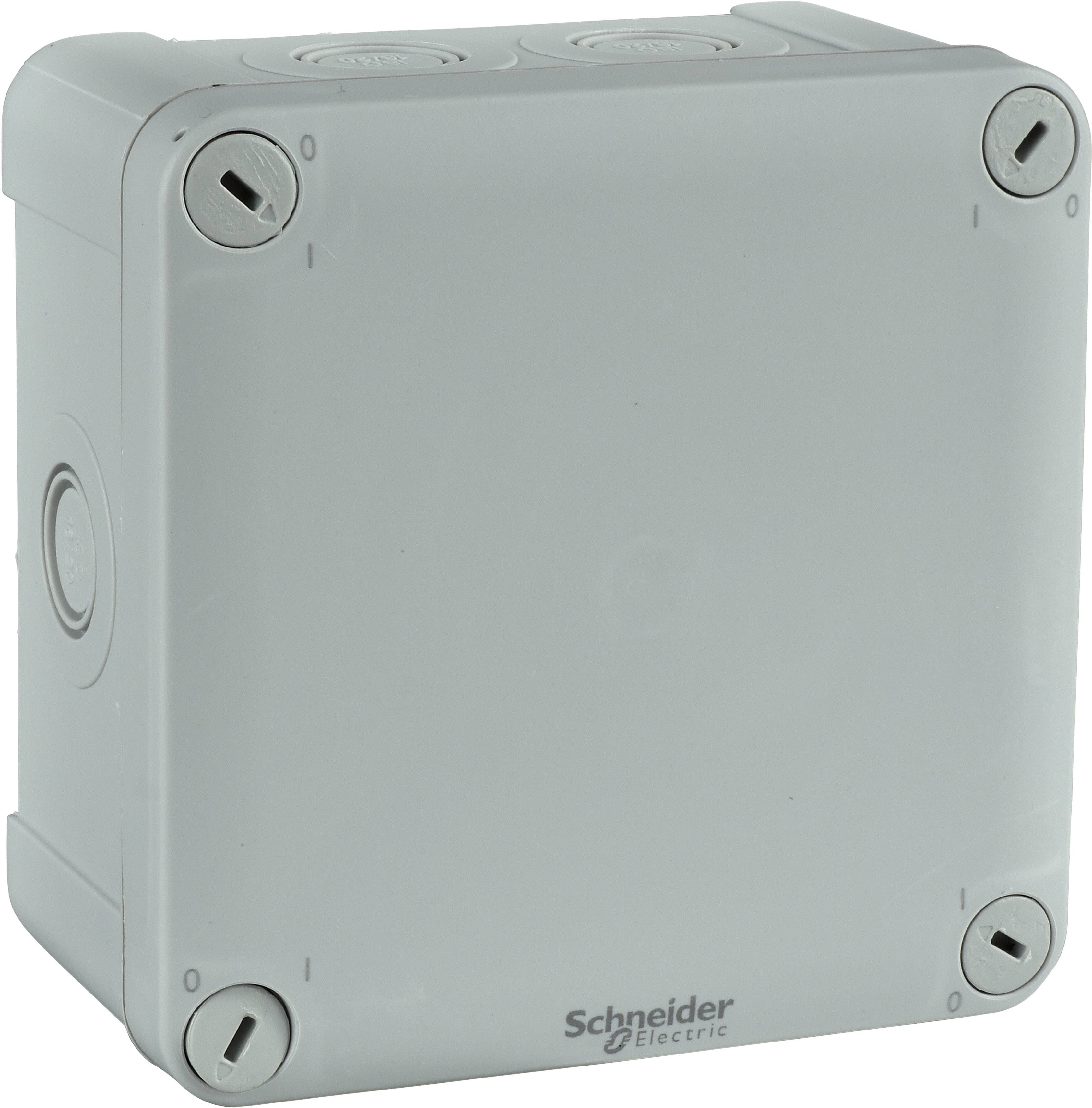 Eine graue Verbindungsdose von Schneider Electric, zeigt Vorderansicht mit vier Schrauben an den Ecken.