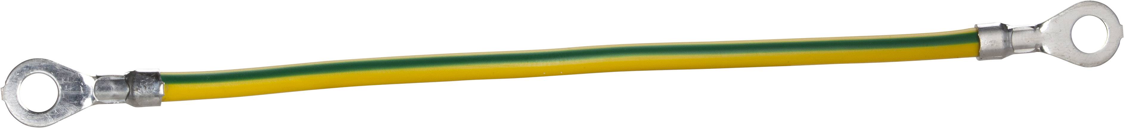 Ein Erdungskabel mit gelb-grüner Ummantelung und zwei Ösen an den Enden, verwendet zur elektrischen Sicherheit.