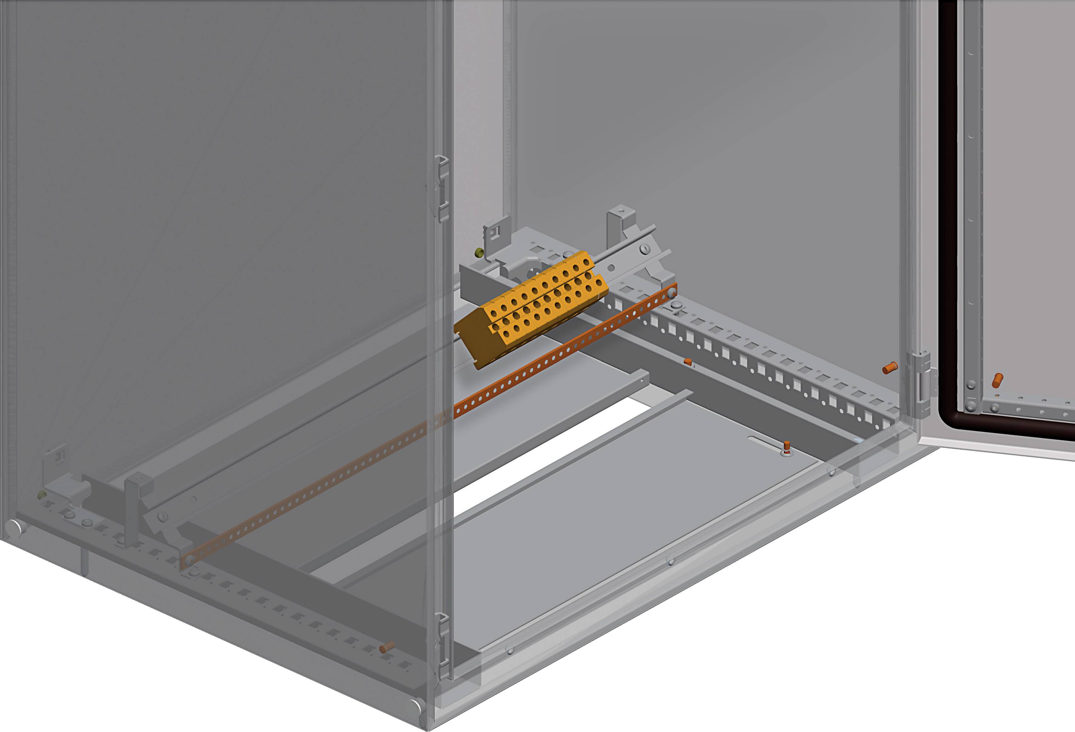Ein graues Elektronikgehäuse mit einem gelben Anschlussblock im Inneren. Ein oranger Kabelkanal ist diagonal über den Boden verlegt.